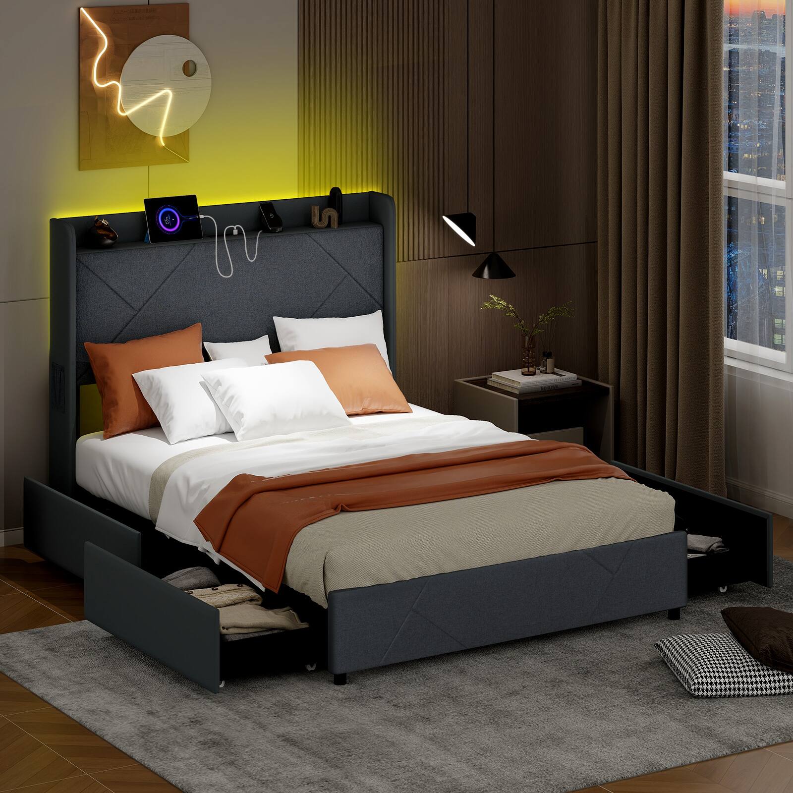 Alt View 5. LUCKY ONE - Full Assembled Platform Bed Frame with LED Lights Charging Station Wingback Headboard Drawers - Grey-Full.