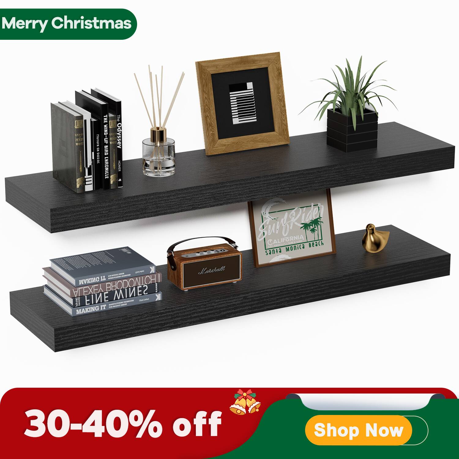 Mifurn - Floating Shelves for Wall, Wooden Mounted Wall Shelf for Room, Over Toilet Bathroom Shelves Storage, 36x7x1.5 in, 2 Pack - Black price history on PriceWatchPro