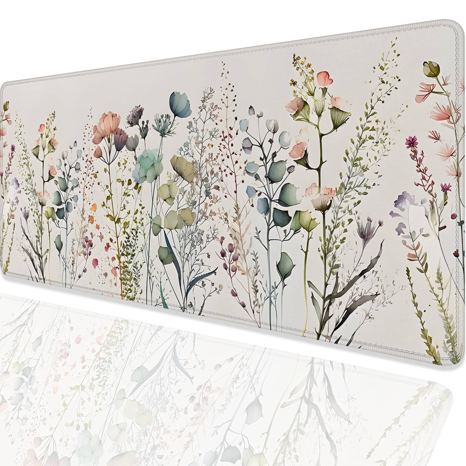 Left. Fabibe - Watercolor Plant Flowers Desk Pad Mouse Floral Prints Extended Large Gaming Mat With Stitched Edges Non-slip Waterpro... - Rainbow Spring.