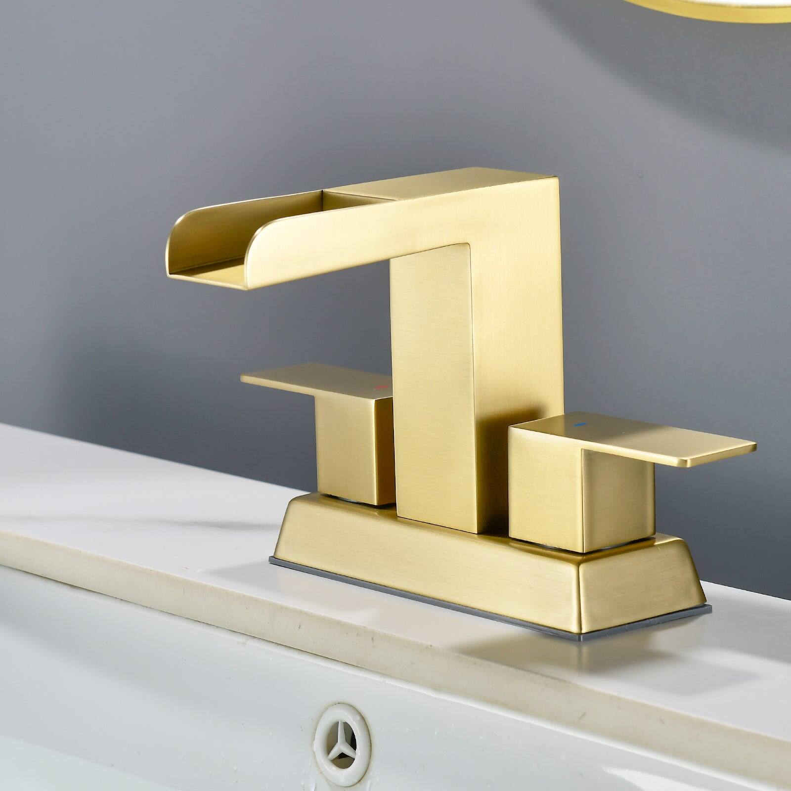 Alt View 2. Boyel Living - Brushed Gold 4 Inch Centerset Faucet SUS304 Waterfall Spout 1.2GPM Dual Handle Pop Up Drain - Brushed Gold.