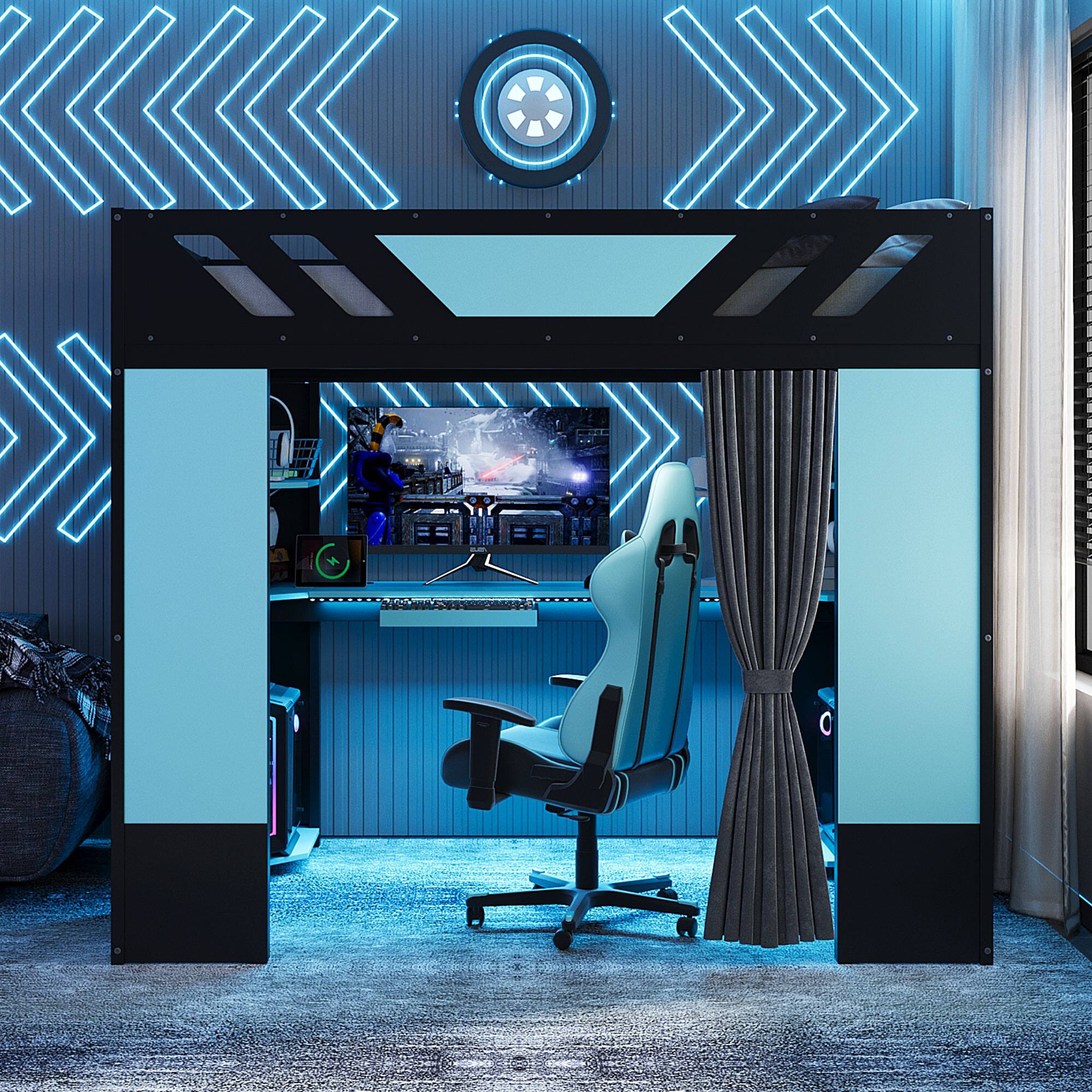 Angle. Anysun - Full Size Wood Loft Bed with,Shelves,Blackout Curtains,and RGB Lights - Blue.