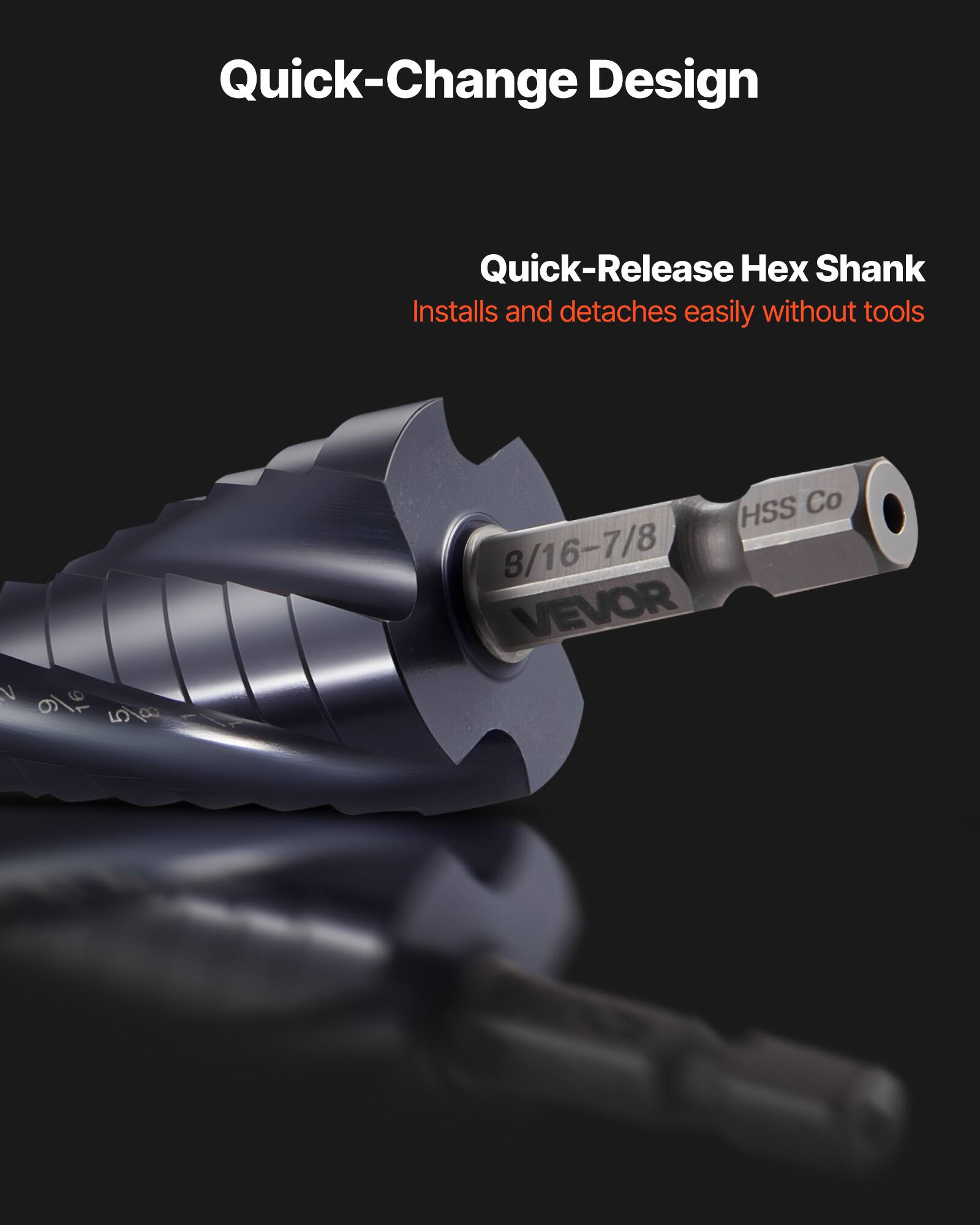Quick-Change Design

Quick-Release Hex Shank  
Installs and detaches easily without tools

8/16-7/8  
HSS Co  
VEVOR