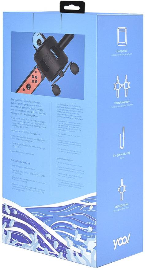 Sure, here is the corrected and grouped text from the image:

---

**Compatible**
- Compatible with Nintendo Switch

**The Yool Reel Fishing Rod**
- The Yool Reel Fishing Rod enhances authentic fishing experiences with its realistic and accurate reel design, allowing for precise and smooth casting and reeling.
- Compatible with Nintendo Switch games that support fishing.
- Features:
  - Realistic reel design with customizable settings.
  - Accurate casting and reeling actions.
  - Compatible with various fishing games.
  - 3-axis gyro sensor for precise control.
  - Compatible with Joy-Con grip for comfortable handling.
  - Compatible with Nintendo Switch Lite.

**Fishing Game Software**
- Compatible with popular fishing games on Nintendo Switch.
- Enhances the fishing experience with realistic casting and reeling actions.
- Compatible with games that support custom controllers.

**Interchangeable**
- Interchangeable with other Yool products.

**Single de sécurité**
- Safety lock included.

**Prix & Temps**
- Affordable and time-saving.

**yool!**

---