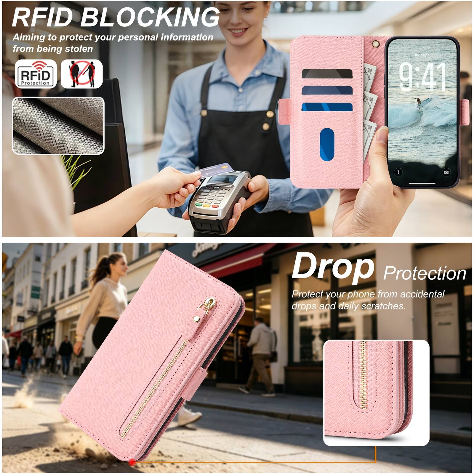 RFID BLOCKING  
Aiming to protect your personal information from being stolen  

RFID Protection  

9:41  

Drop Protection  
Protect your phone from accidental drops and daily scratches.