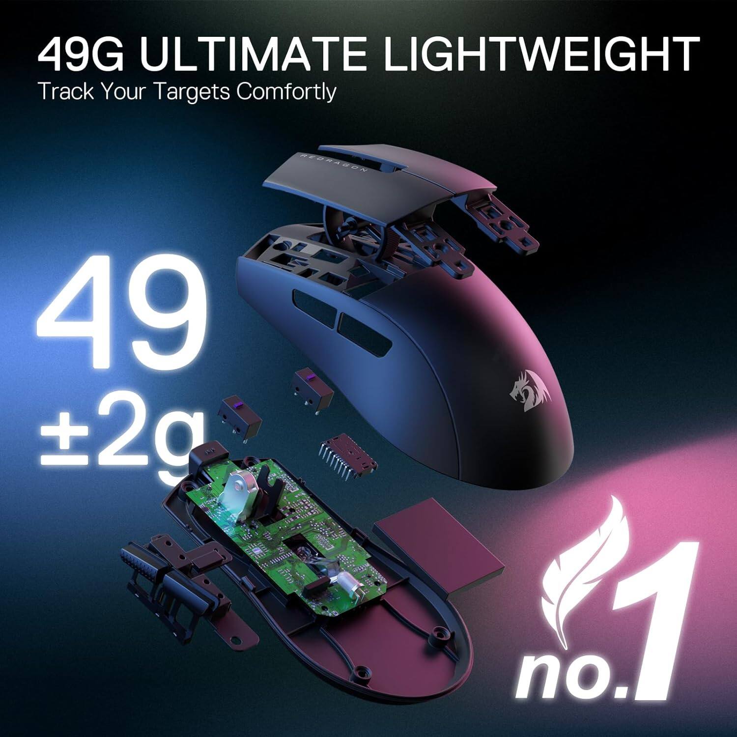 49G ULTIMATE LIGHTWEIGHT  
Track Your Targets Comfortably  
49 ±2g  
REDRAGON  
1 no.