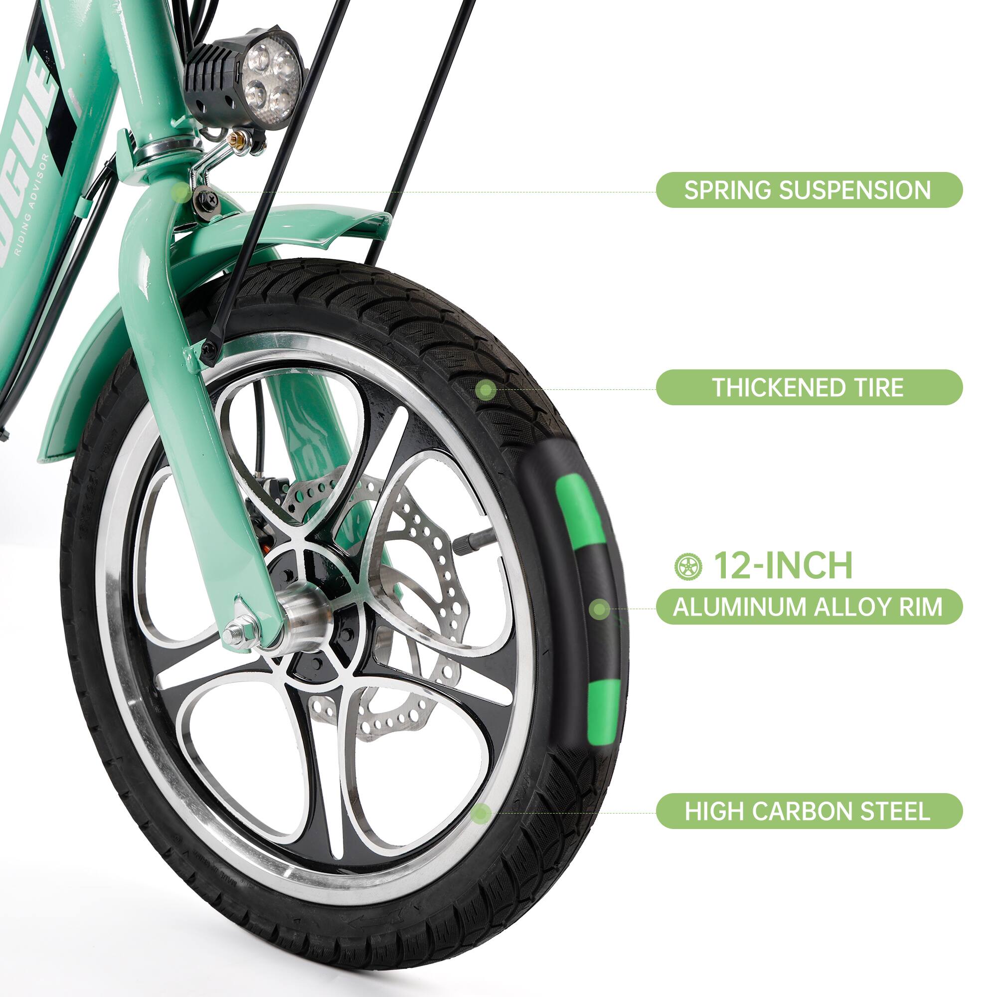 - Spring Suspension
- Thickened Tire
- 12-Inch Aluminum Alloy Rim
- High Carbon Steel