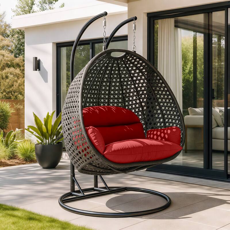 Angle. LeisureMod - Leisuremod Outdoor 2-Person Charcoal Wicker Egg Swing Chair with Steel Stand, Washable Cushions & Waterproof Cover - Red.