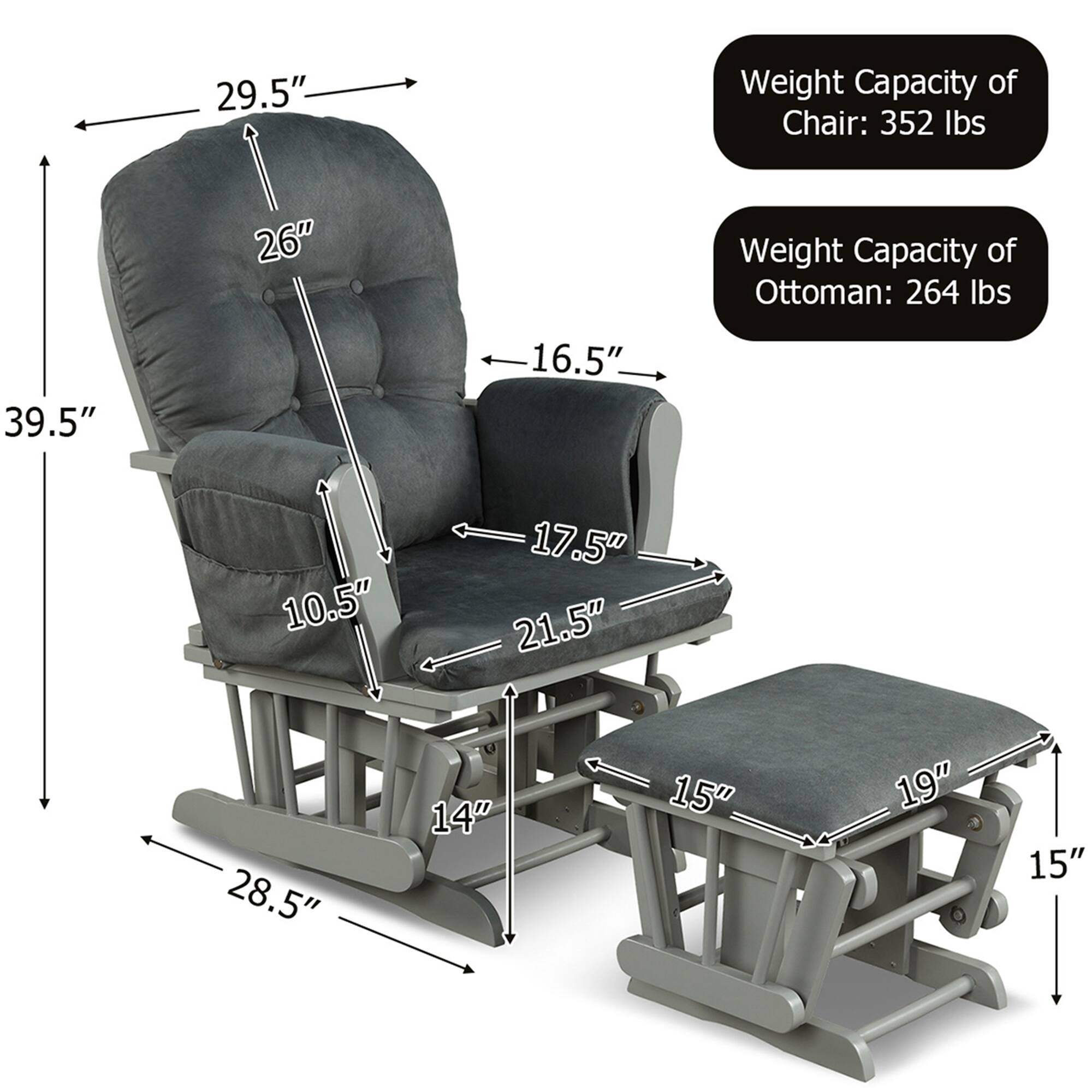 The image shows a chair and an ottoman with their respective weight capacities. The chair has a weight capacity of 352 lbs, while the ottoman has a weight capacity of 264 lbs. The chair measures 29.5 inches in height, and the ottoman measures 26 inches in height. The chair has dimensions of 39.5 inches in width, 16.5 inches in depth, and 10.5 inches in height. The ottoman has dimensions of 21.5 inches in width, 28.5 inches in depth, and 14 inches in height. The chair also has a footrest that measures 15 inches in width and 19 inches in height.