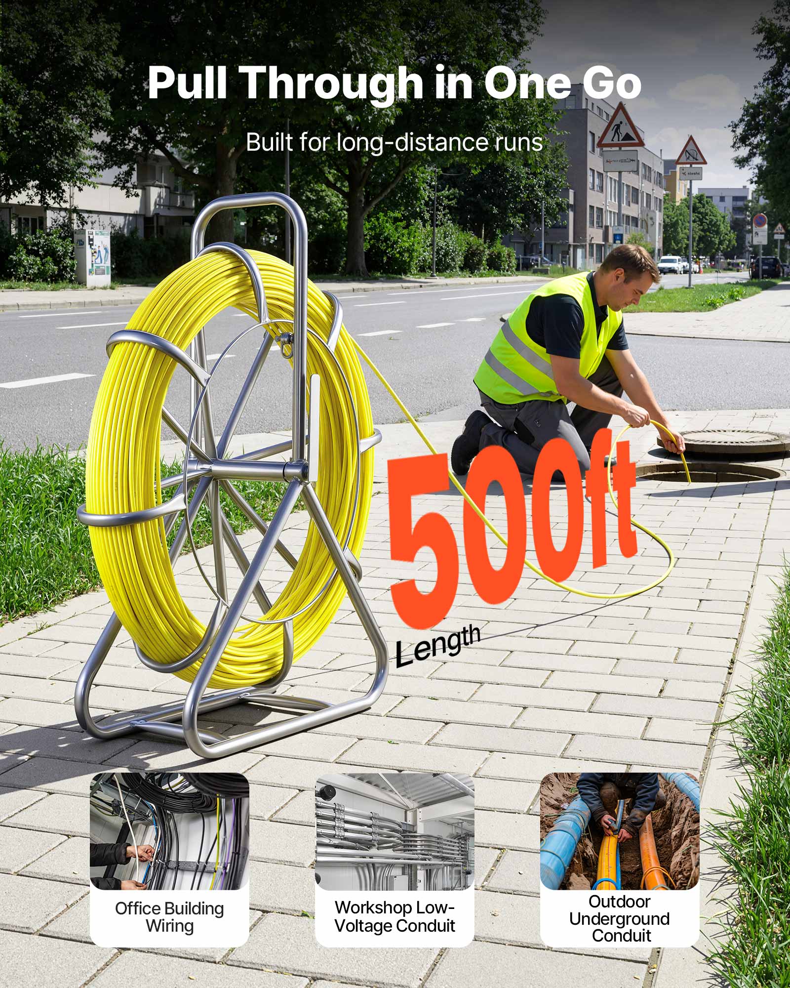 Pull Through in One Go  
Built for long-distance runs  
500ft Length  

Office Building Wiring  
Workshop Low-Voltage Conduit  
Outdoor Underground Conduit