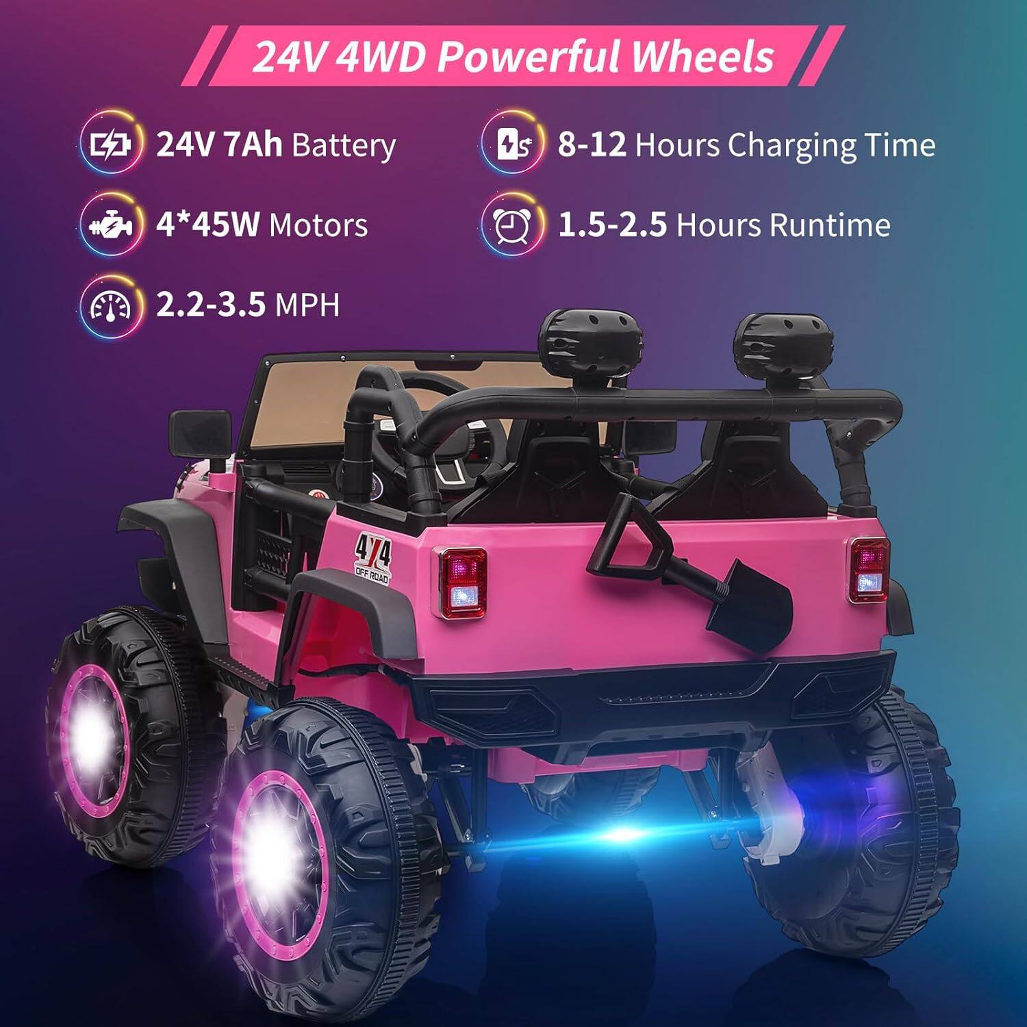 24V 4WD Powerful Wheels

- 24V 7Ah Battery
- 4*45W Motors
- 2.2-3.5 MPH
- 8-12 Hours Charging Time
- 1.5-2.5 Hours Runtime