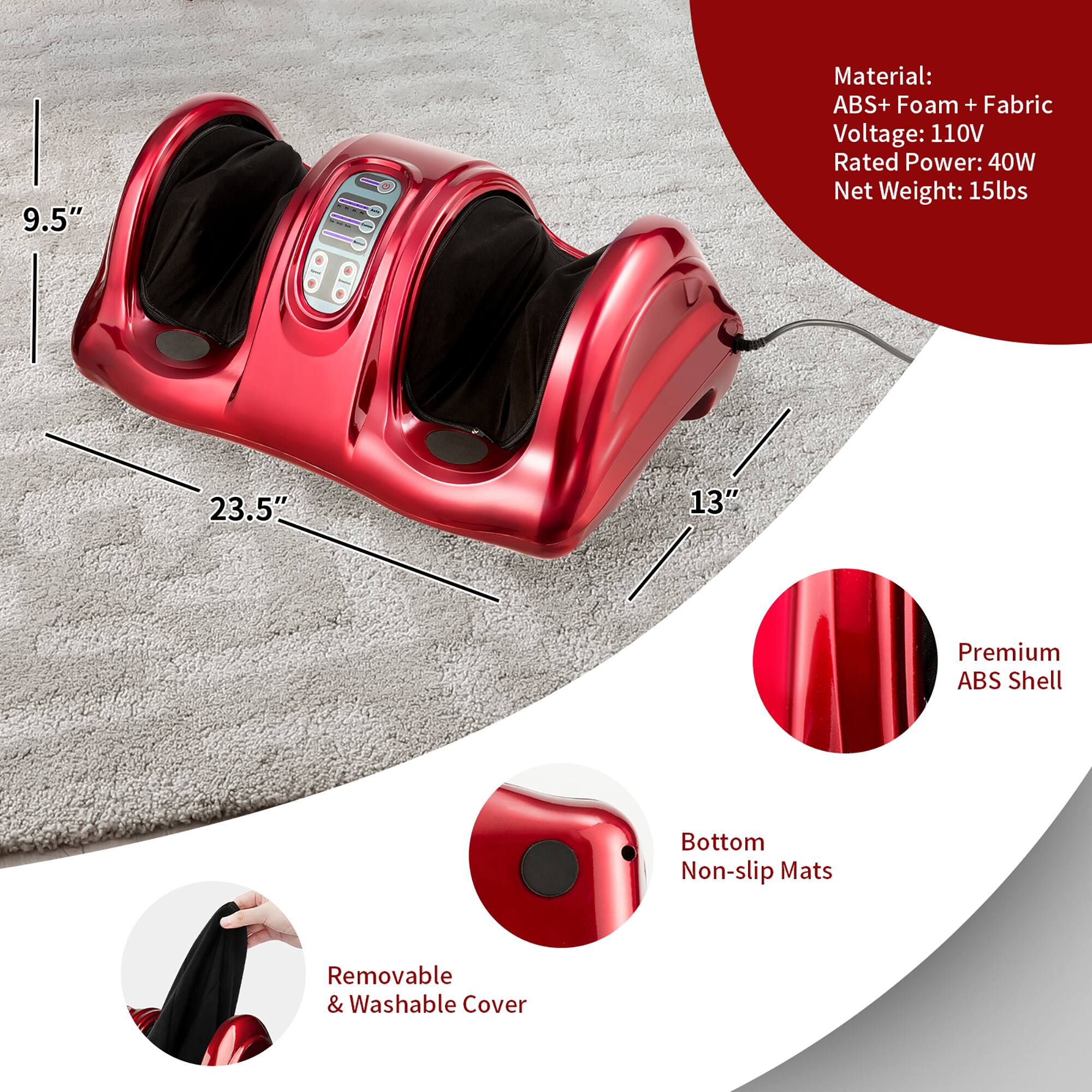 The text on the image describes a red appliance, possibly a massage chair or a foot massager, with a 9.5" ABS+Foam+Fabric material. The appliance has a voltage of 110V and a rated power of 40W. The net weight of the appliance is 15lbs, and it measures 23.5" and 13" in size. The appliance also features a premium ABS shell, bottom non-slip mats, and a removable and washable cover.