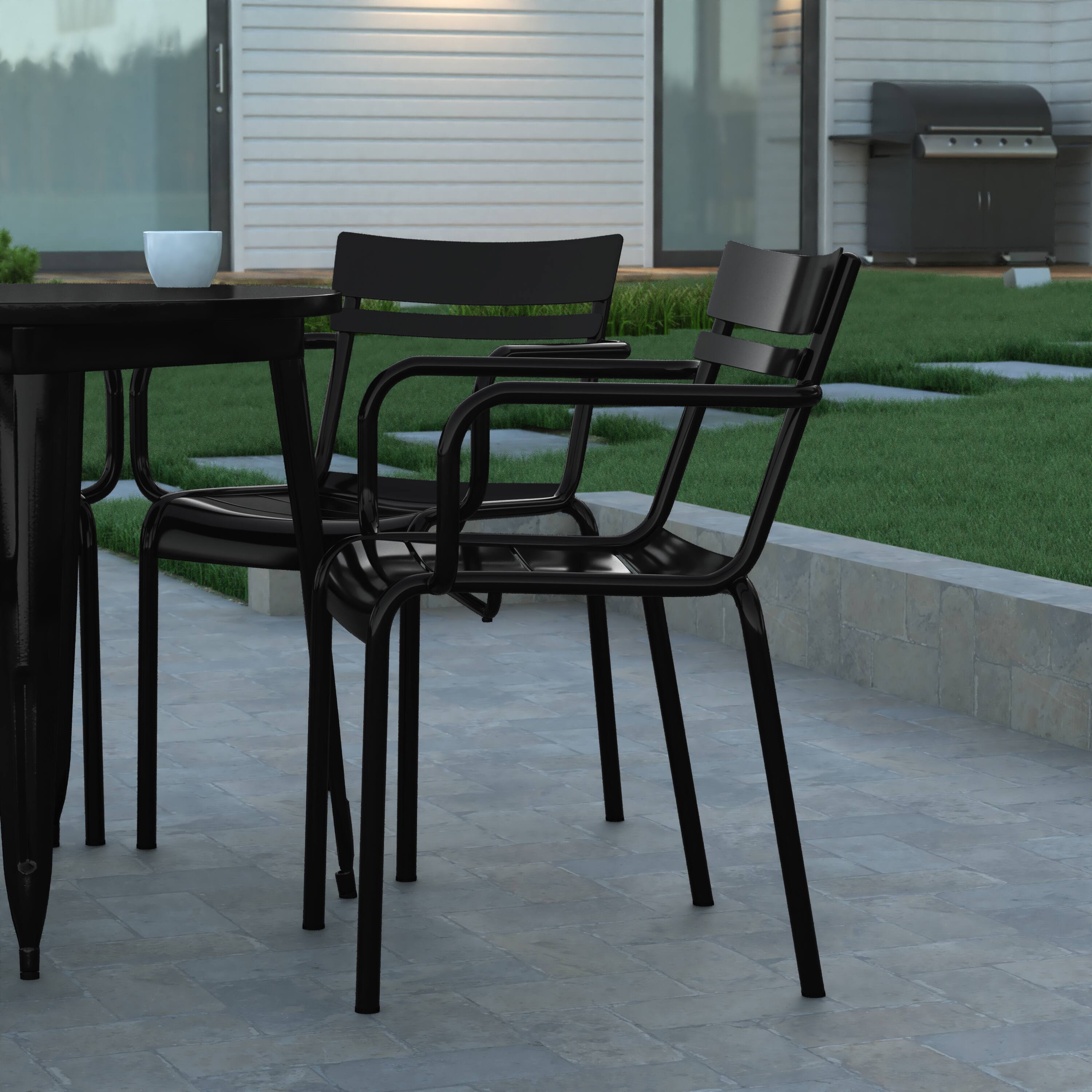 Alt View 5. Emma + Oliver - Rennes Powder Coated Steel Stacking Dining Chair with Arms and 2 Slat Back for Indoor-Outdoor Use - Black.