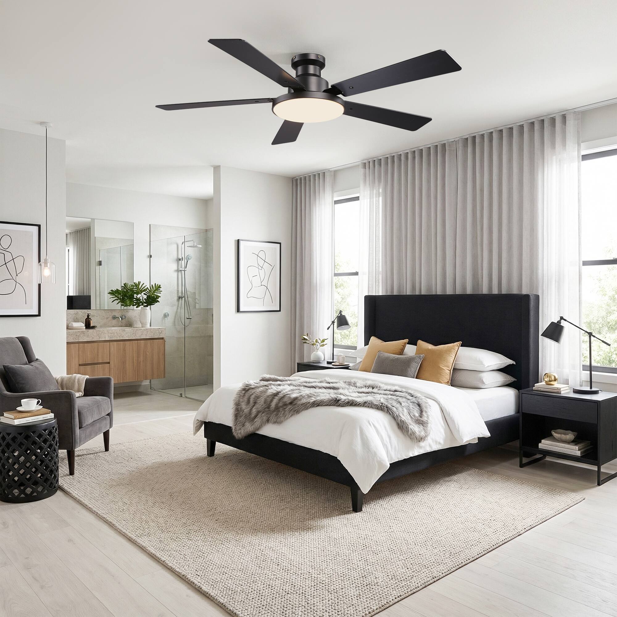 Back. Vaczon - 52" Modern Reversible Blades Flush Mount Smart Ceiling Fan with Dimmable LED Light and Remote, APP Control - Gold.