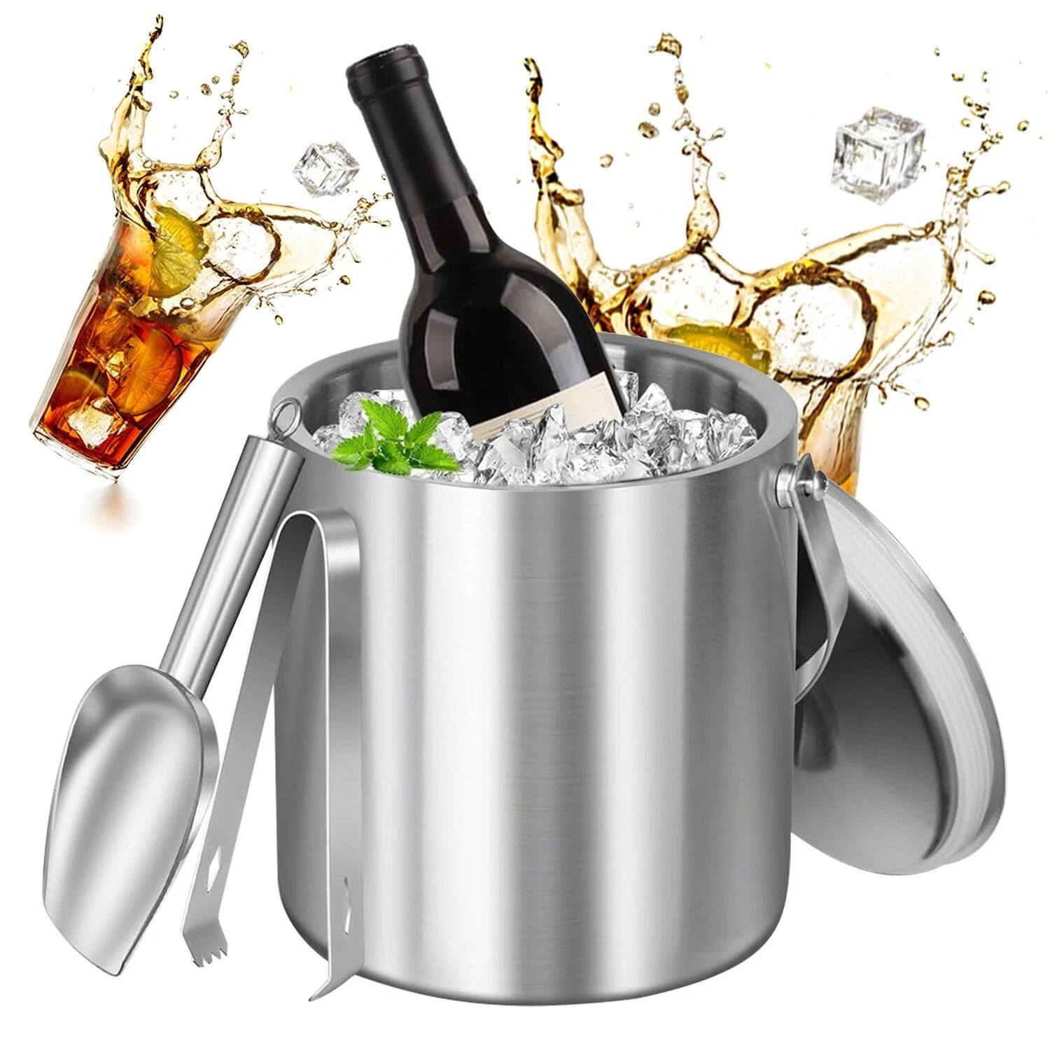 Angle. Home Collection - Portable Stainless Steel Double Wall Insulated Ice Bucket with Lid, Scoop, Tong, Strainer, Handle, 3L - Silver.