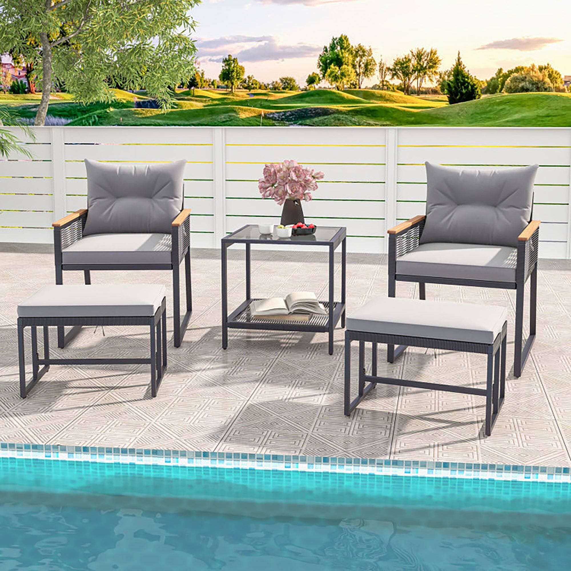 Alt View 1. Boyel Living - 5 Piece Outdoor Rattan Conversation Set with 2-Layer Side Table and 2 Ottomans - Gray.