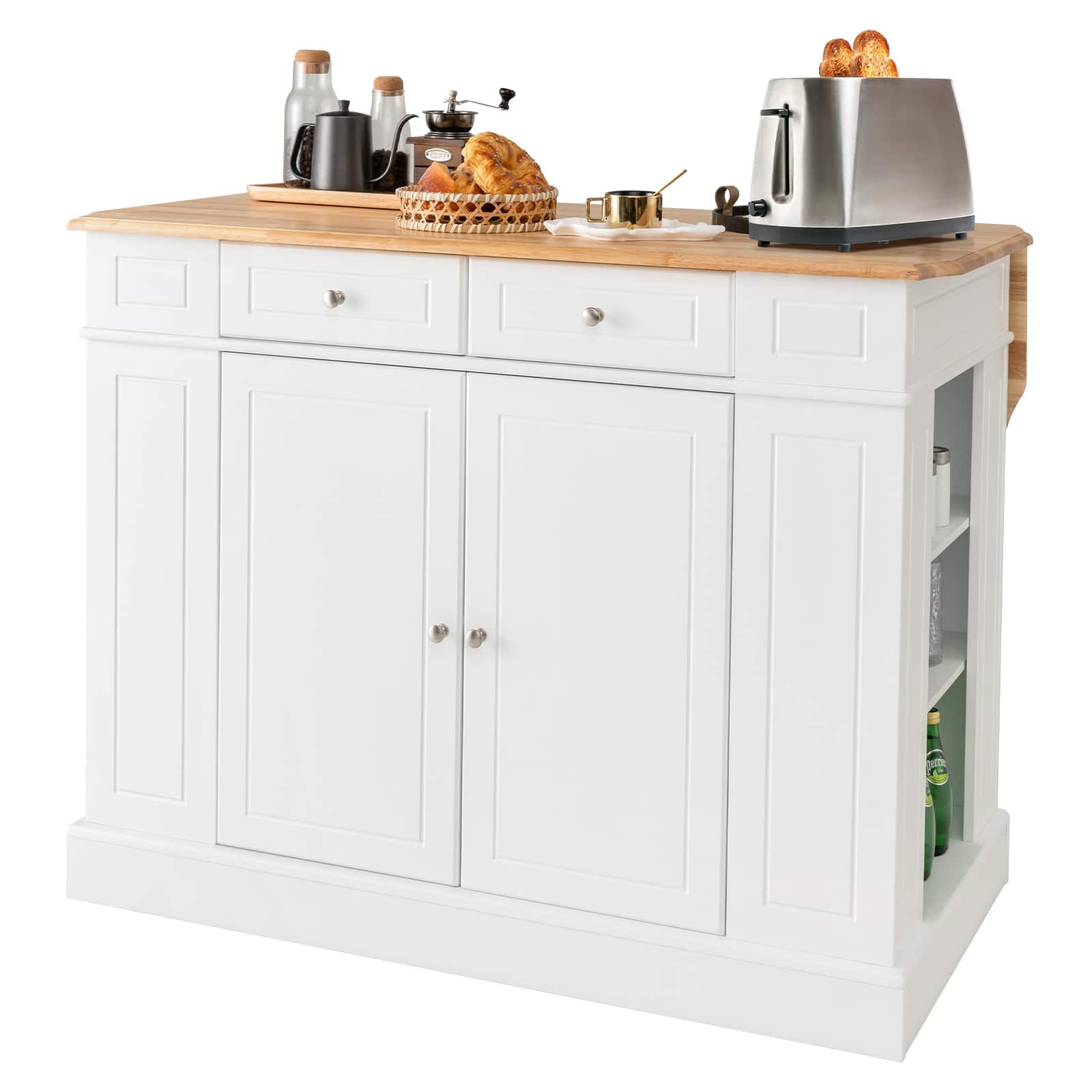 Front. Costway - Kitchen Island with Storage Drop Leaf Breakfast Bar Table with Top Freestanding Buffet Sideboard - White + Natural.