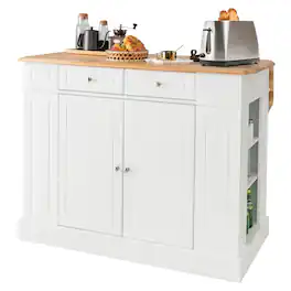Costway - Kitchen Island with Storage Drop Leaf Breakfast Bar Table with Top Freestanding Buffet Sideboard - White + Natural