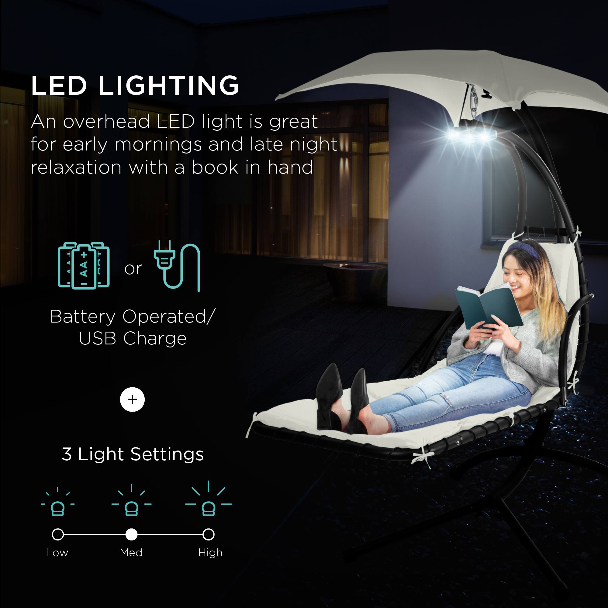 LED LIGHTING  
An overhead LED light is great for early mornings and late night relaxation with a book in hand  

Battery Operated/ USB Charge  

3 Light Settings  
Low | Med | High