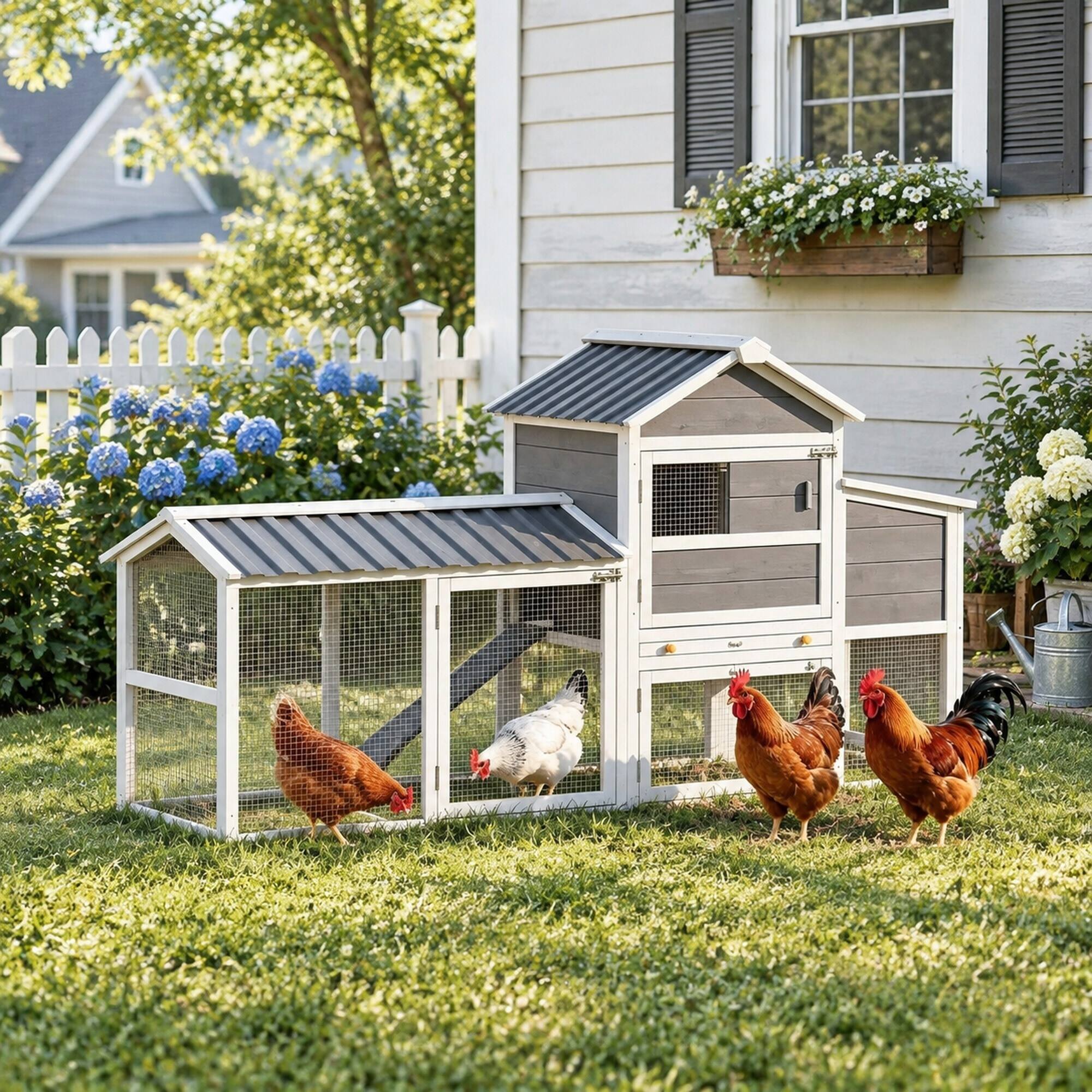 Back. RYHNUYNE - Wooden Chicken Coop with Wheels, 79.5 in Outdoor Hen House, 12.3 sq ft Run, Nesting Box, Pull-Out Tray, Gray.