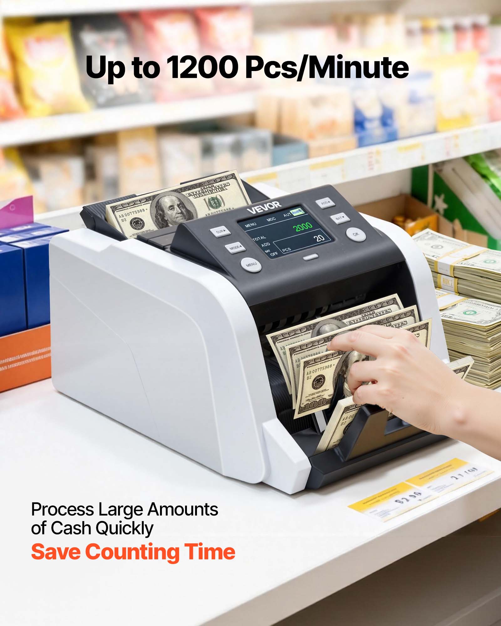 Up to 1200 Pcs/Minute

Process Large Amounts of Cash Quickly
Save Counting Time