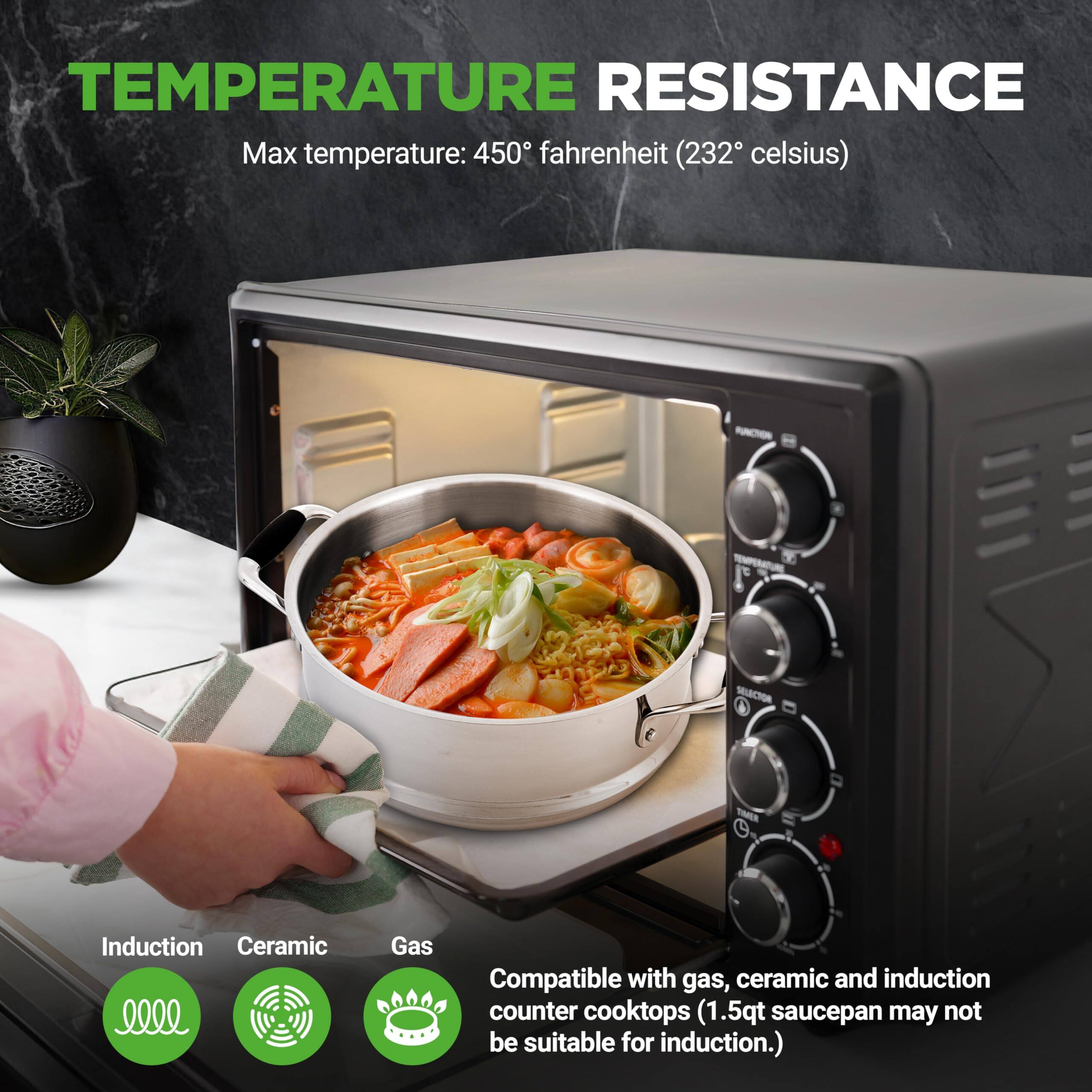 TEMPERATURE RESISTANCE  
Max temperature: 450° fahrenheit (232° celsius)  

SELACTOR  
Induction Ceramic Gas  
Compatible with gas, ceramic and induction counter cooktops (1.5qt saucepan may not be suitable for induction.)