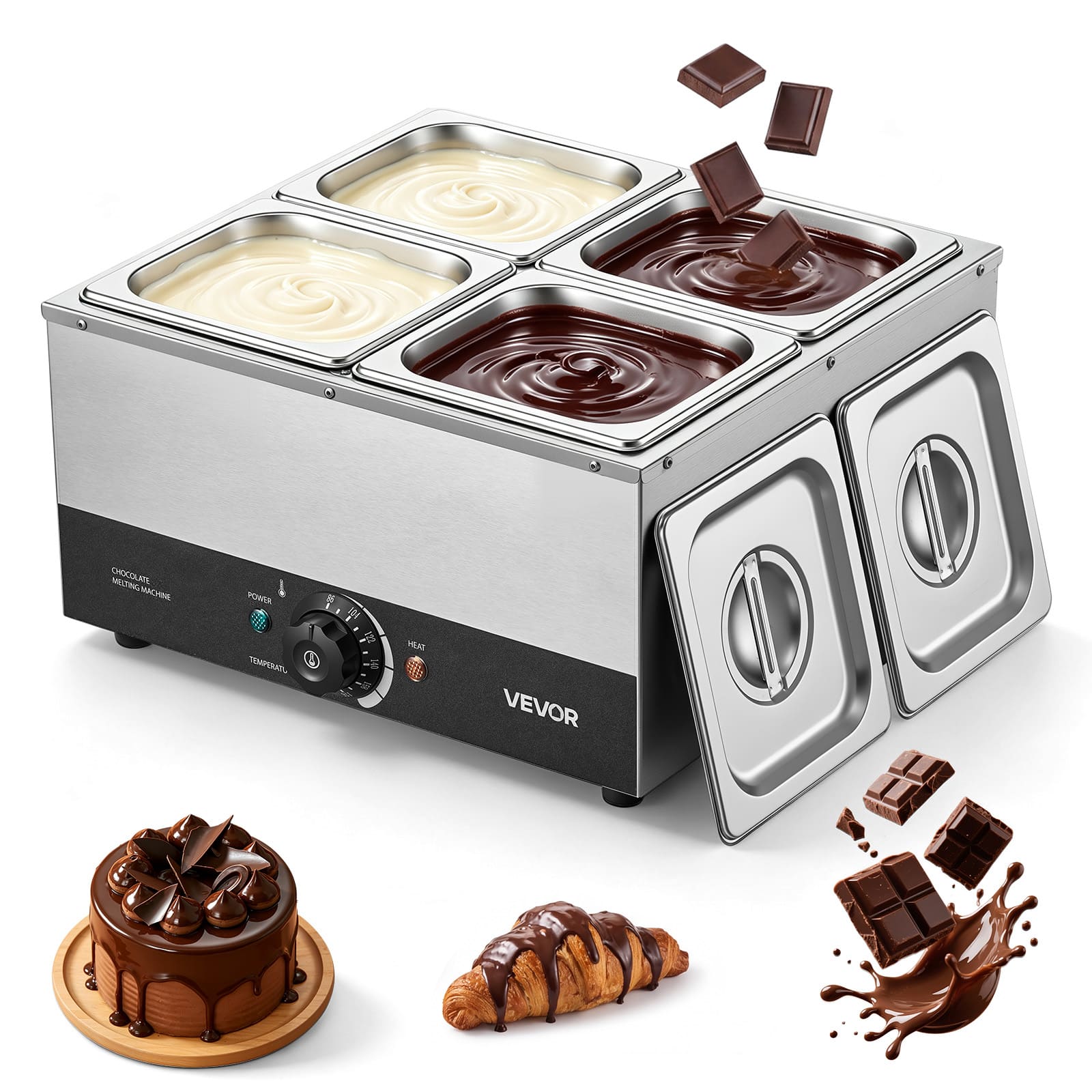 VEVOR - Chocolate Melting Machine, 4 Tanks 17.6 Lbs Choc Commercial Melter, 1200W High Power, Water Bath Heating System - Silver;Black