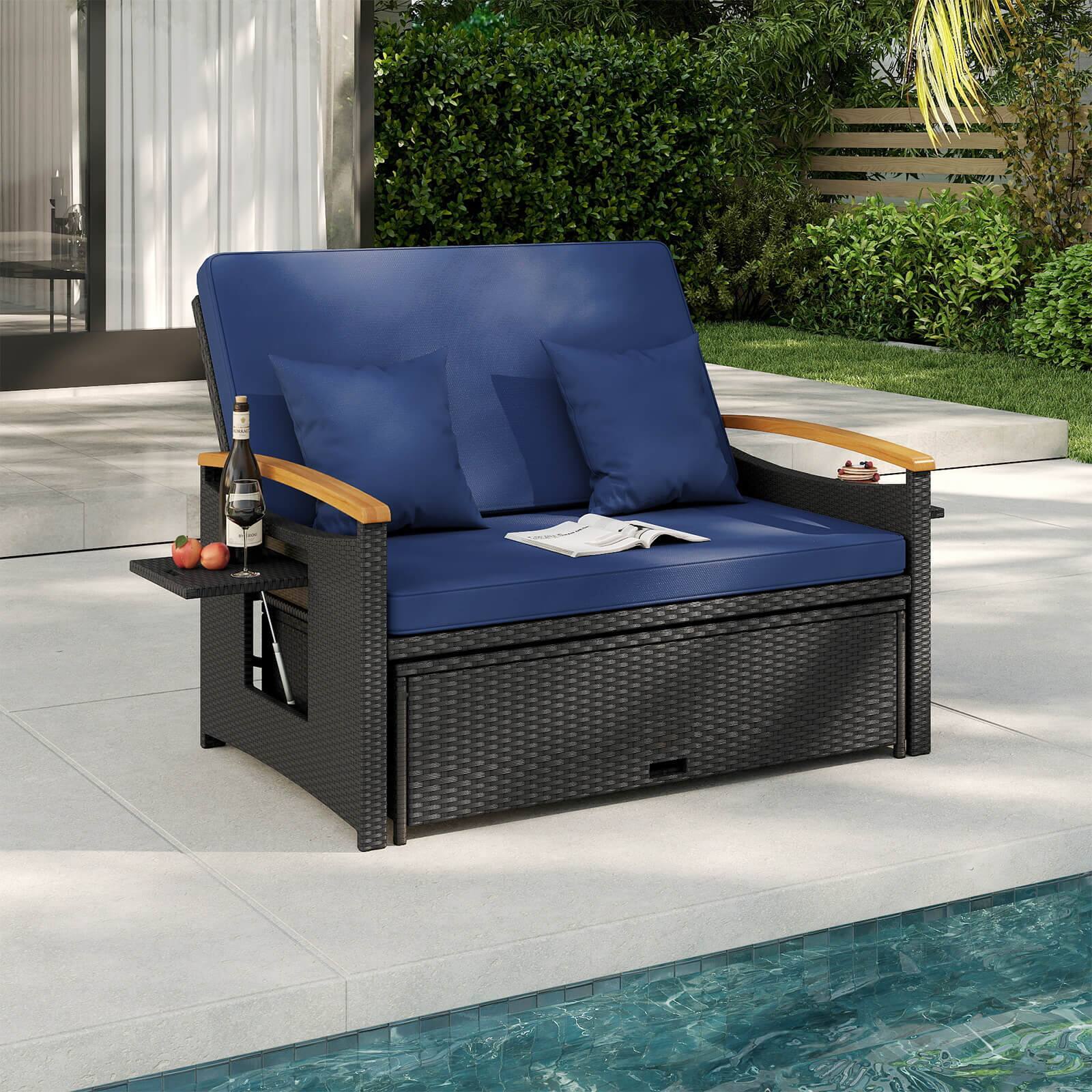 Alt View 4. Costway - Costway Patio Rattan Daybed Set with Cushioned Loveseat & Storage Ottoman for Porch - Navy + Black.