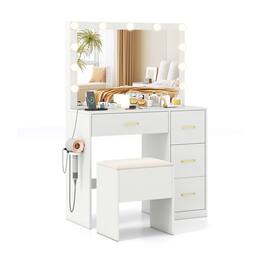 WELLFOR - Makeup Vanity Desk with Hollywood 3‑Color Lighted Mirror,Charging Station and Hidden‑Storage Padded Stool for Bedroom - White