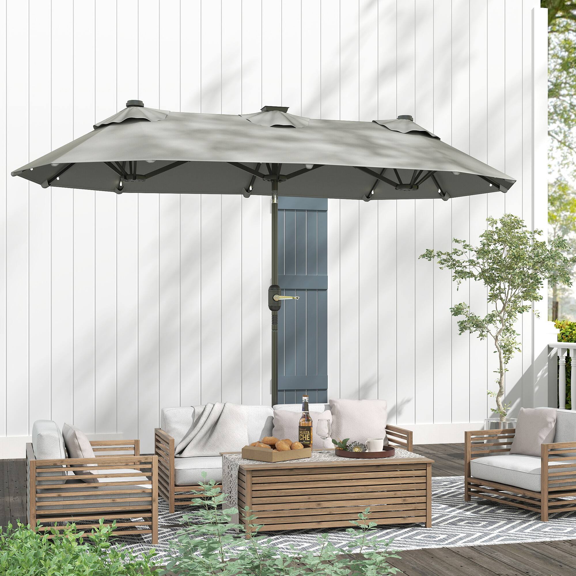Alt View 5. Outsunny - 10ft Double-sided Patio Umbrella with Solar Lights and Sandbag Base, Outdoor Umbrella with Push Button Tilt, Crank - Gray.