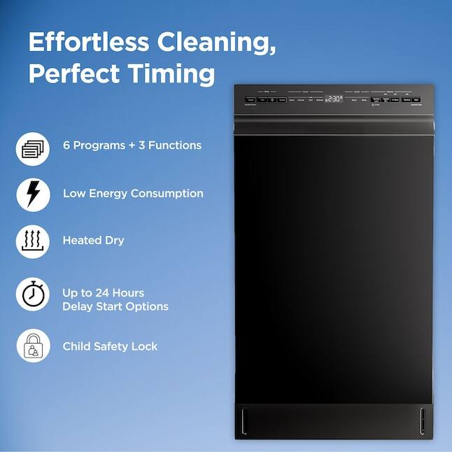 Effortless Cleaning, Perfect Timing

- 6 Programs + 3 Functions
- Low Energy Consumption
- Heated Dry
- Up to 24 Hours Delay Start Options
- Child Safety Lock