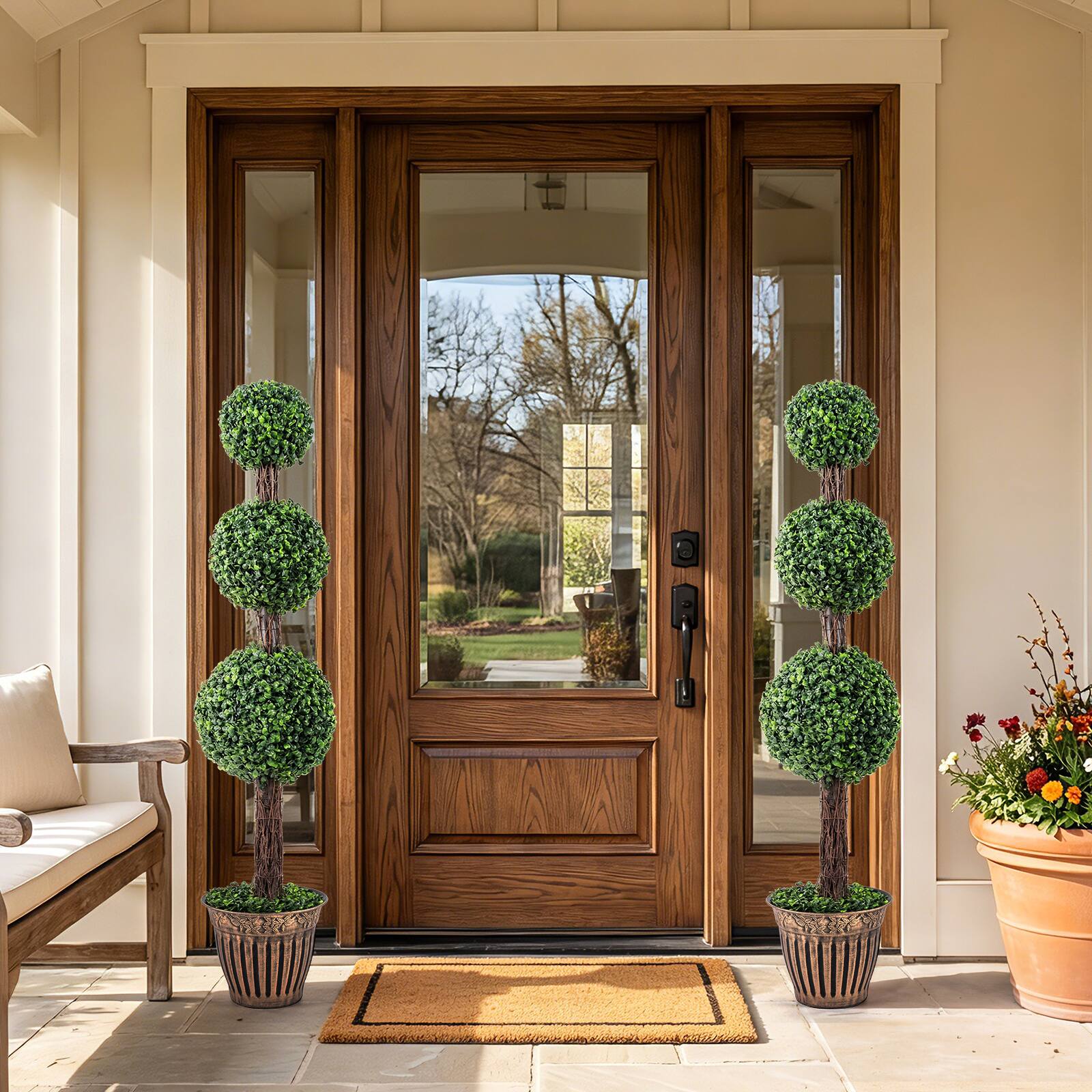 Alt View 3. Costway - Costway 2PCS Artificial Triple Ball Boxwood Tree, Fake Topiary Tree with Retro Planter - Green.
