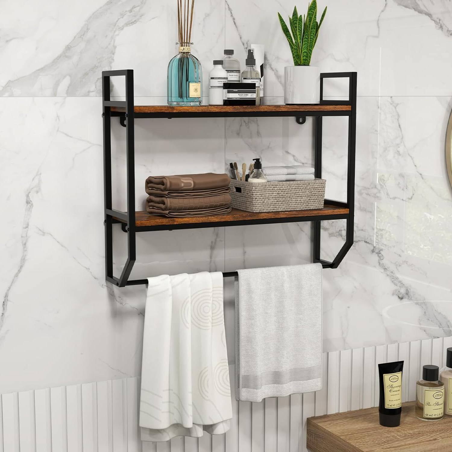 Angle. Hivvago - Wall Mounted Over Toilet 2-Shelf Bathroom Shelving Unit with Towel Bar - Brown.