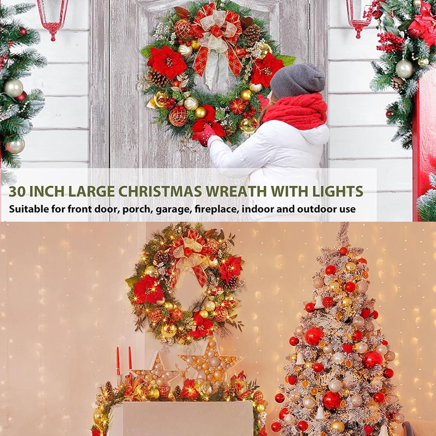 30 INCH LARGE CHRISTMAS WREATH WITH LIGHTS  
Suitable for front door, porch, garage, fireplace, indoor and outdoor use