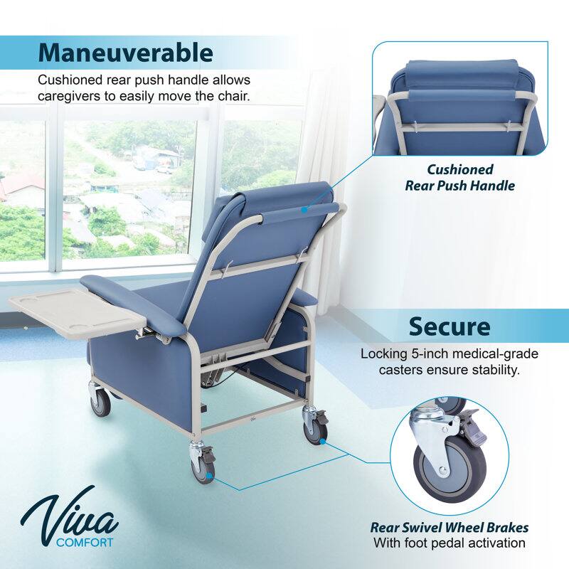 The text can be grouped and corrected as follows:

**Maneuverable:**
- Cushioned rear push handle allows caregivers to easily move the chair.

**Secure:**
- Locking 5-inch medical-grade casters ensure stability.
- Viva COMFORT Rear Swivel Wheel Brakes with foot pedal activation.