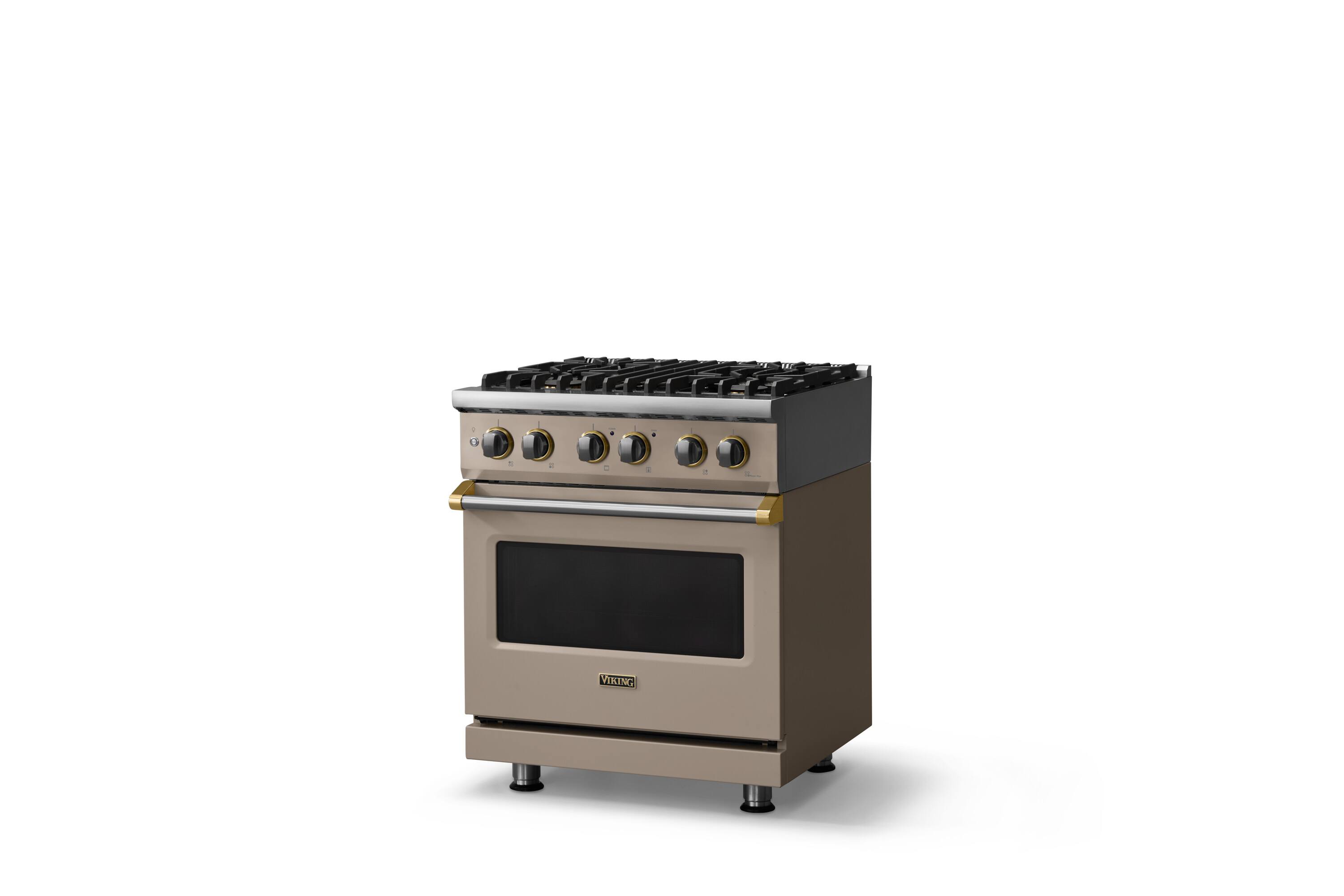 Angle. Viking - 30"W. 4 Burner Pro5S 4.7 Cu. Ft. Freestanding Sealed Dual Fuel Convection Range-Nantucket/Brushed Brass - Nantucket.