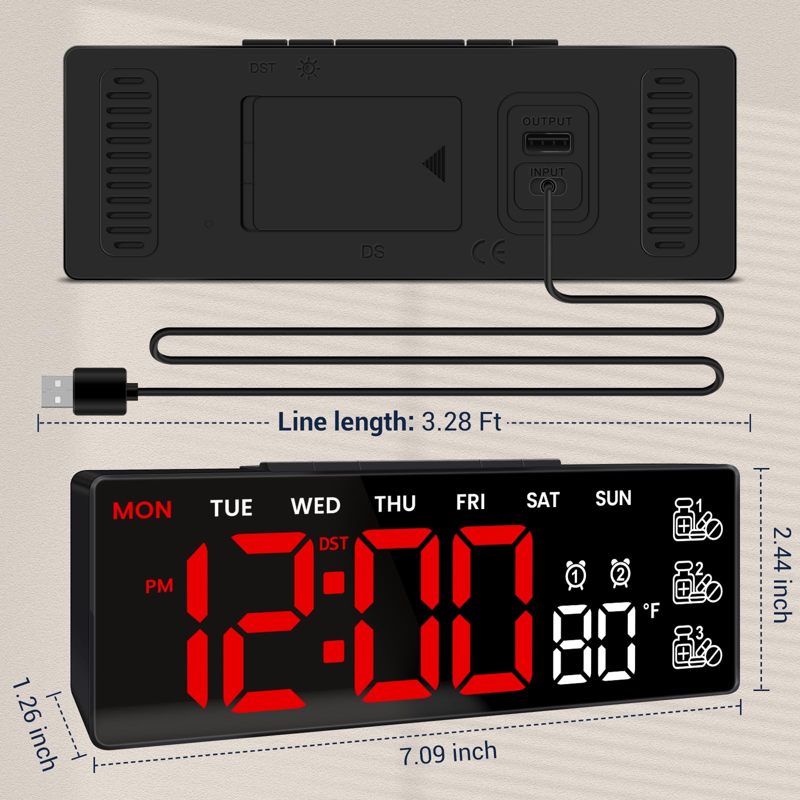 DST OUTPUT INPUT DS CE  
Line length: 3.28 Ft  
WED THU FRI SAT SUN MON TUE  
DST 1 2 PM F  
1.26 inch  
7.09 inch  
2.44 inch