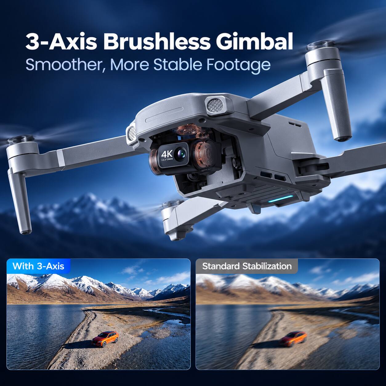 3-Axis Brushless Gimbal  
Smoother, More Stable Footage  
4K 12.7CMOS  
With 3-Axis Standard Stabilization