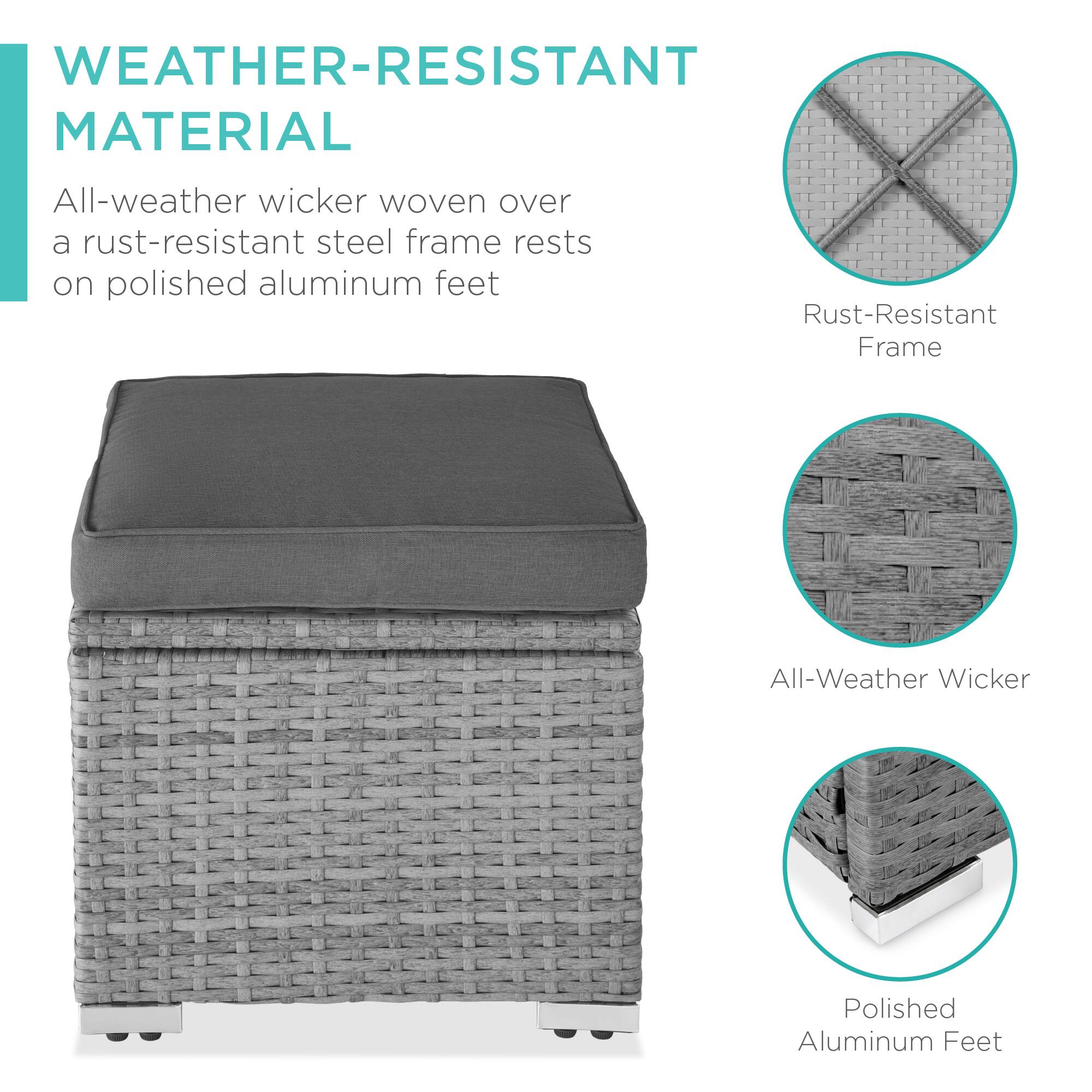 WEATHER-RESISTANT MATERIAL

All-weather wicker woven over a rust-resistant steel frame rests on polished aluminum feet

- Rust-Resistant Frame
- All-Weather Wicker
- Polished Aluminum Feet