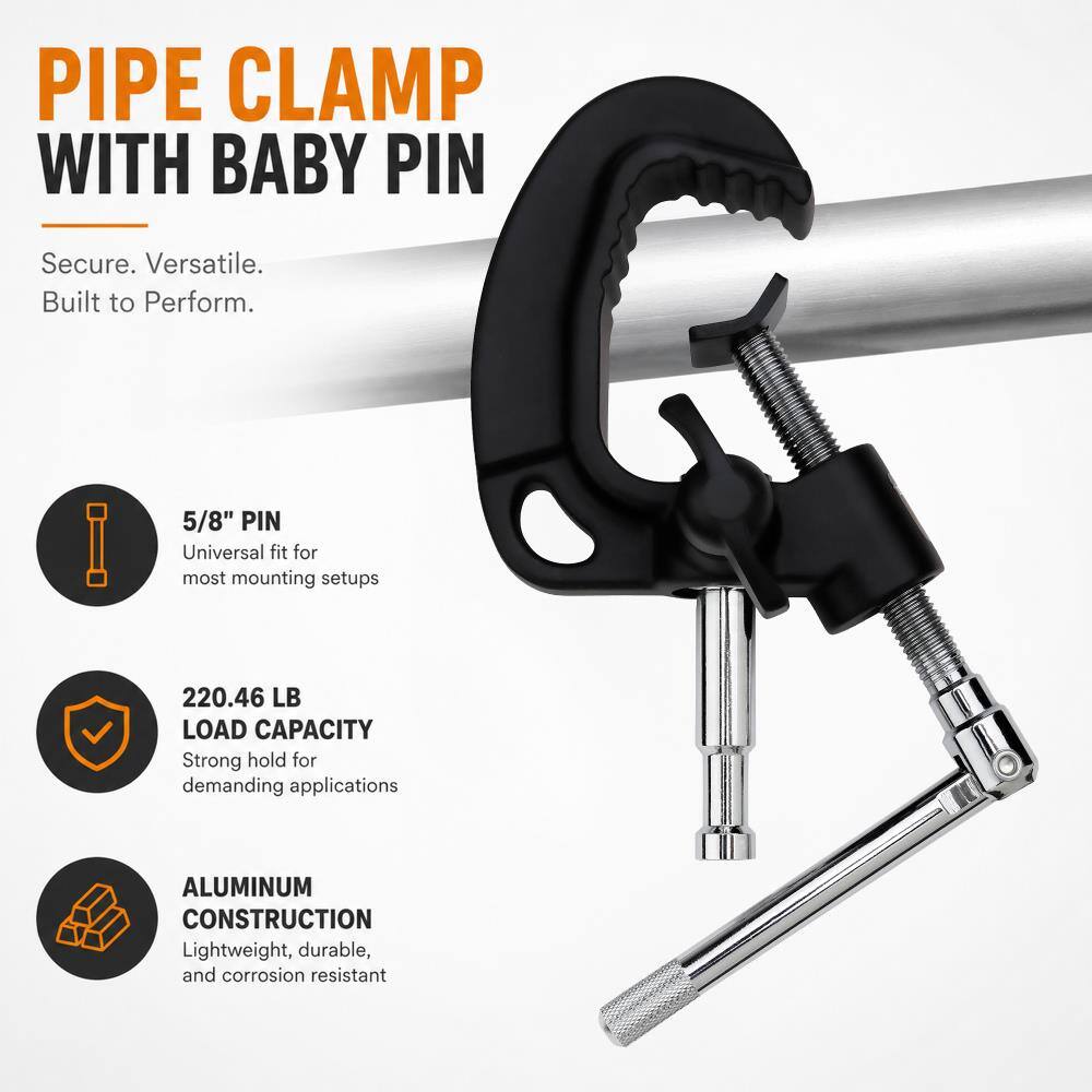 PIPE CLAMP WITH BABY PIN

Secure. Versatile. Built to Perform.

5/8" PIN
Universal fit for most mounting setups

220.46 LB LOAD CAPACITY
Strong hold for demanding applications

ALUMINUM CONSTRUCTION
Lightweight, durable, and corrosion resistant