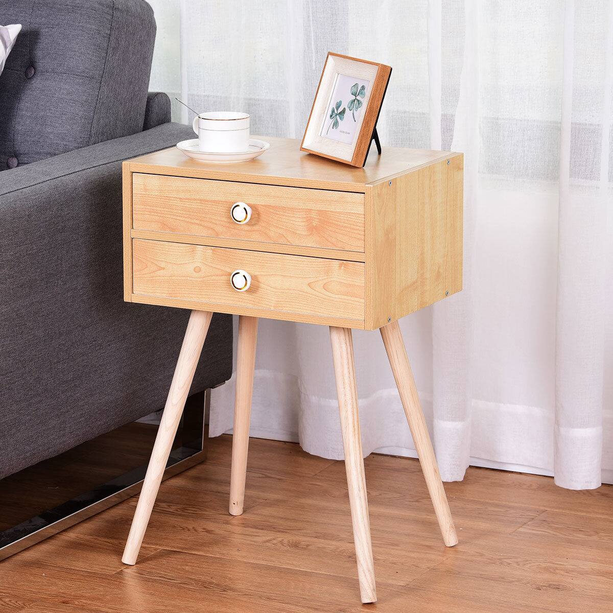 Alt View 14. Costway - Mid Century Modern 2 Drawers Nightstand In Sofa Side Table End Table Yellow - Natural.