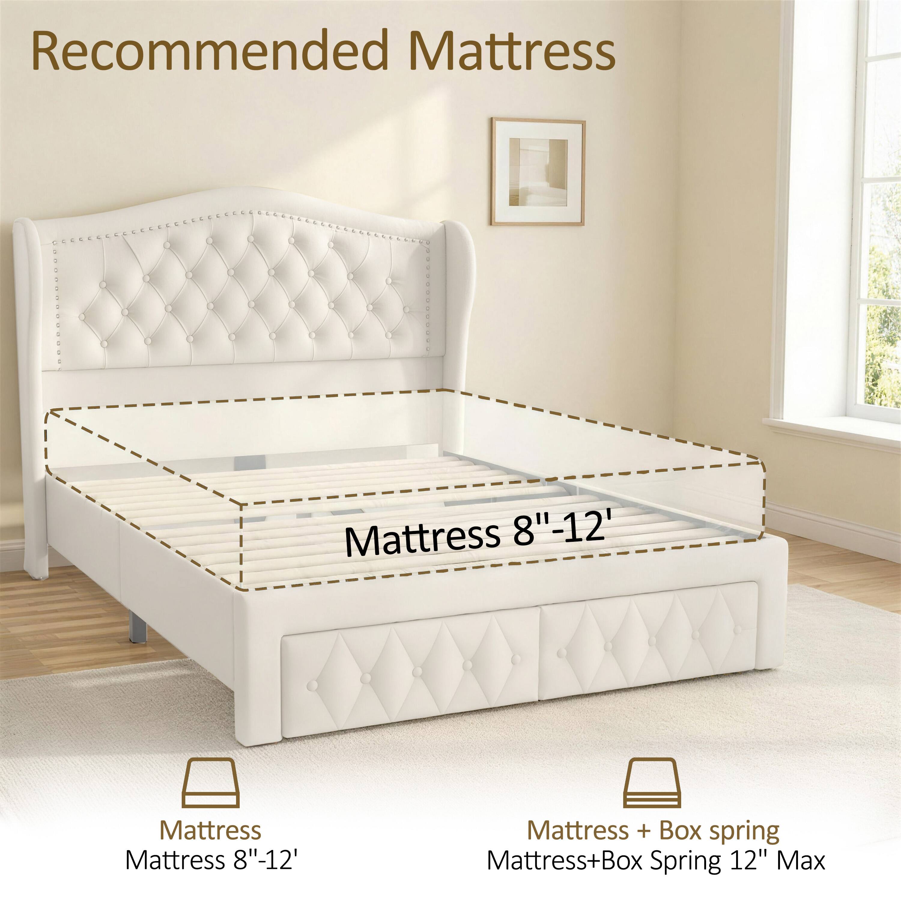 Recommended Mattress

- Mattress 8"-12"
- Mattress + Box spring 12" Max