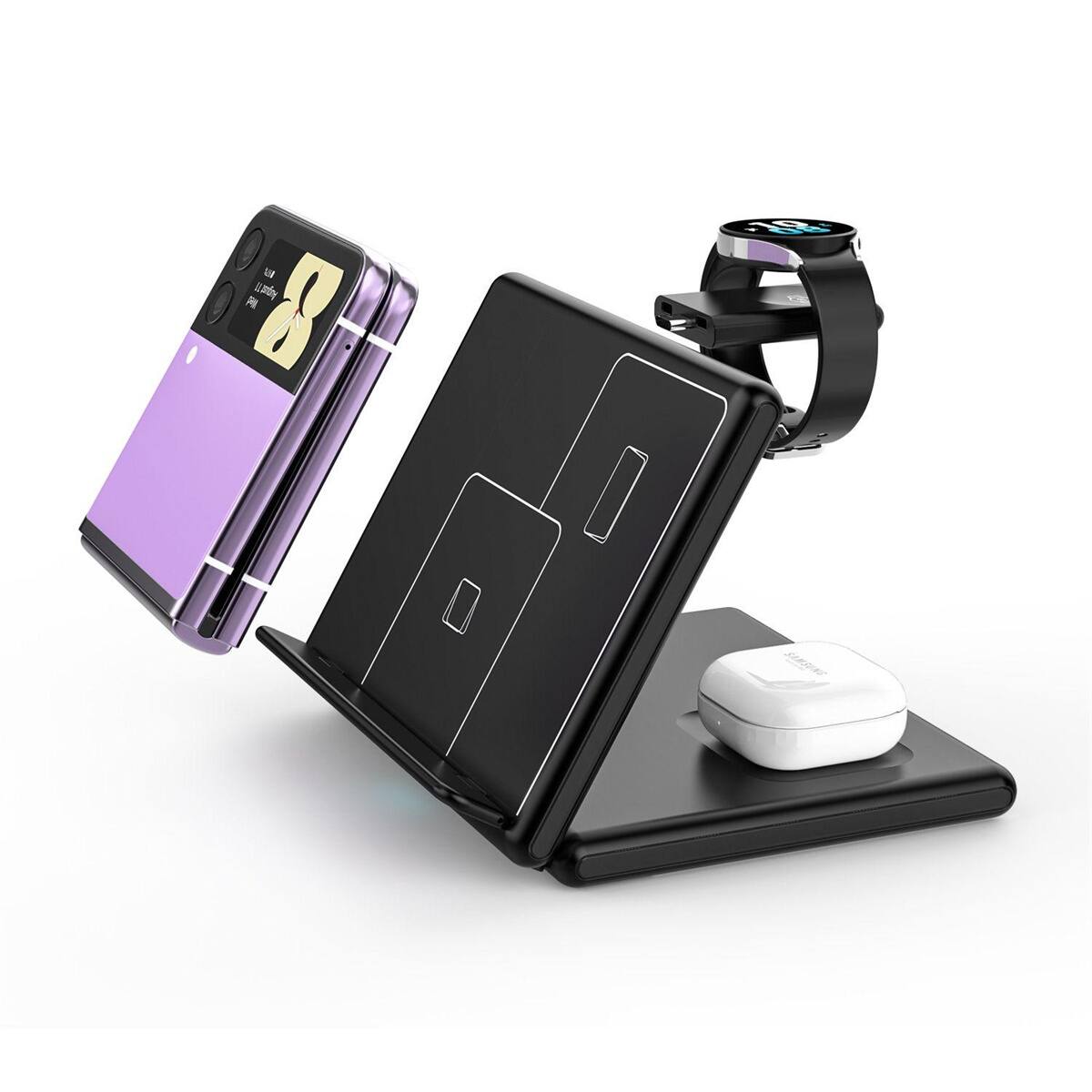 Front. RISOKEYS - 3-in-1 Wireless Charger - Wireless Charging Station for Samsung Foldable Z Fold/Flip/W24 , Foldable  Phone Stand - Black.