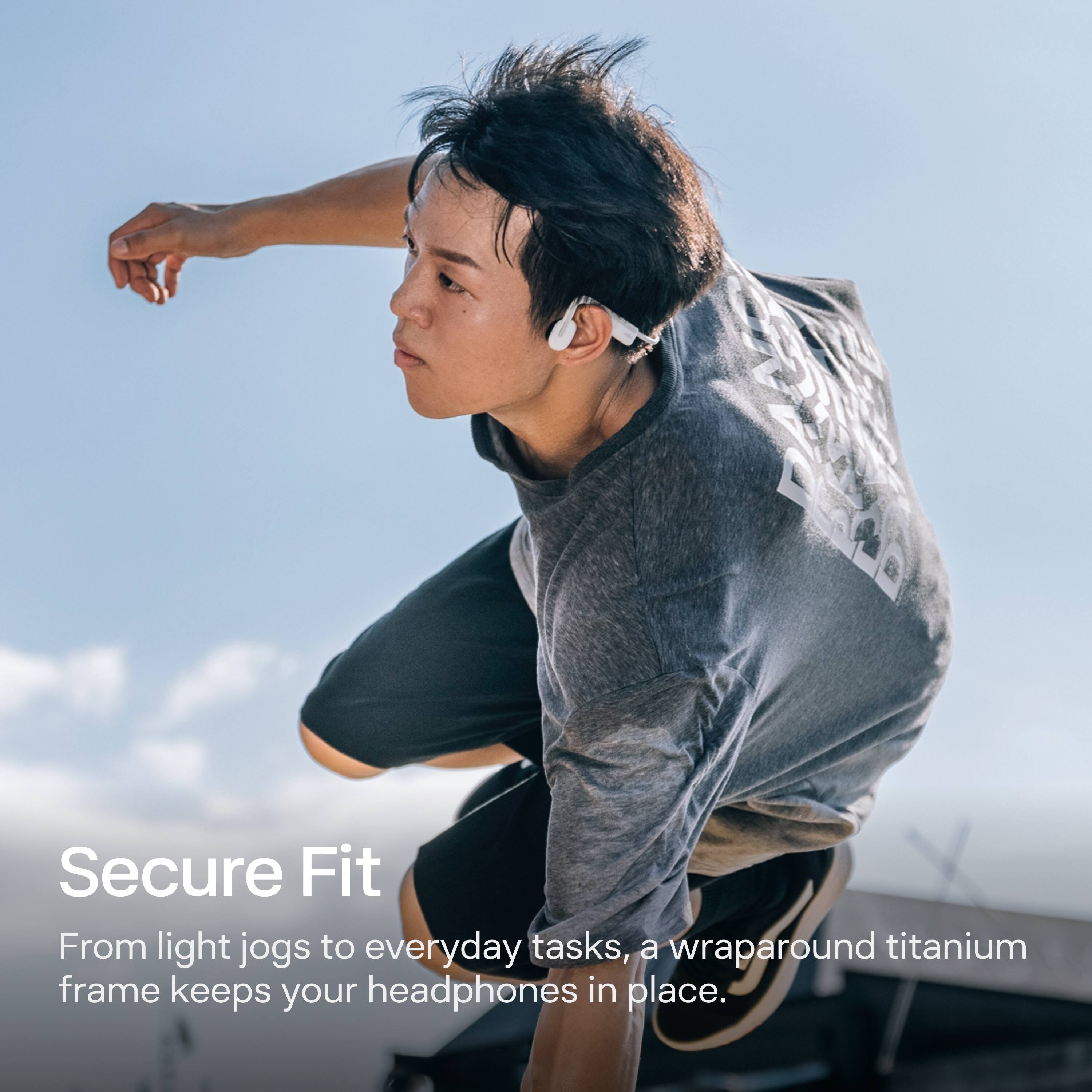 Secure Fit

From light jogs to everyday tasks, a wraparound titanium frame keeps your headphones in place.