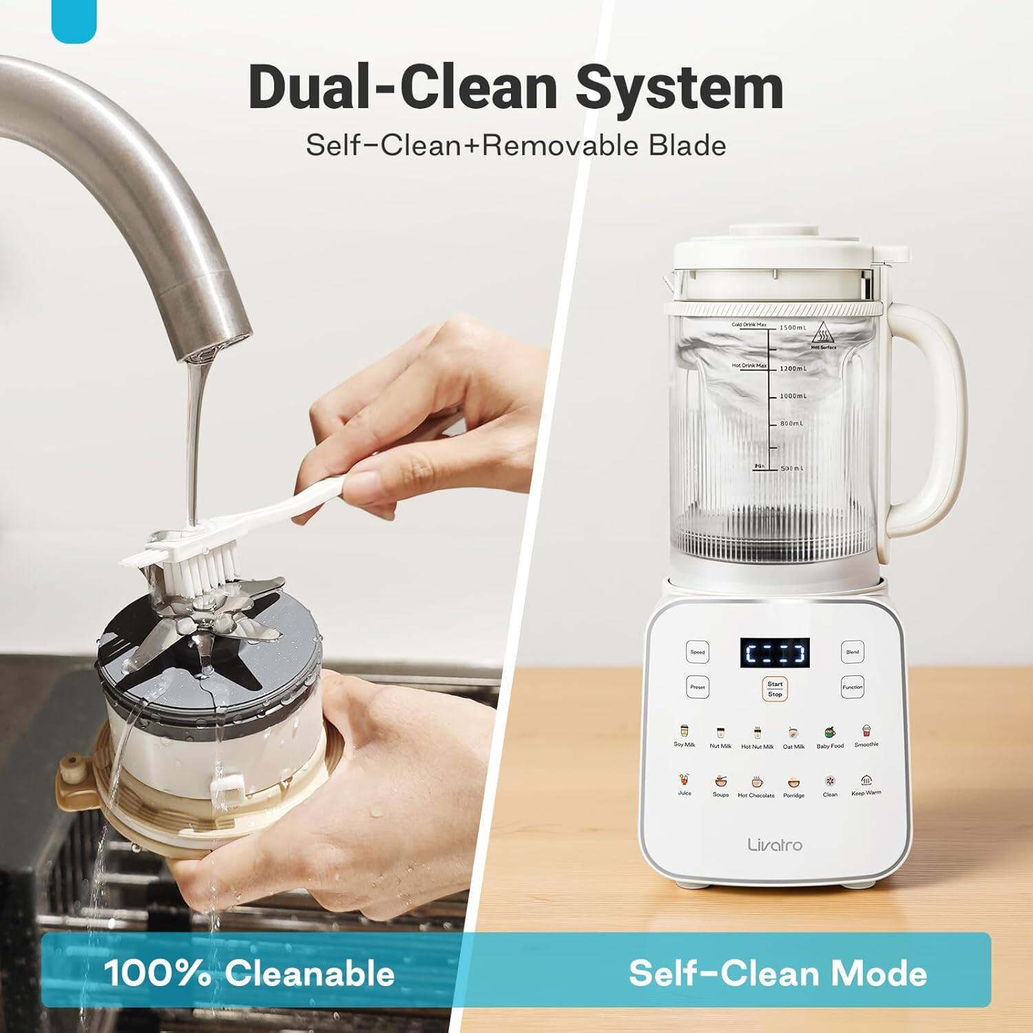 Dual-Clean System Self-Clean+Removable Blade, 100% Cleanable, Self-Clean Mode