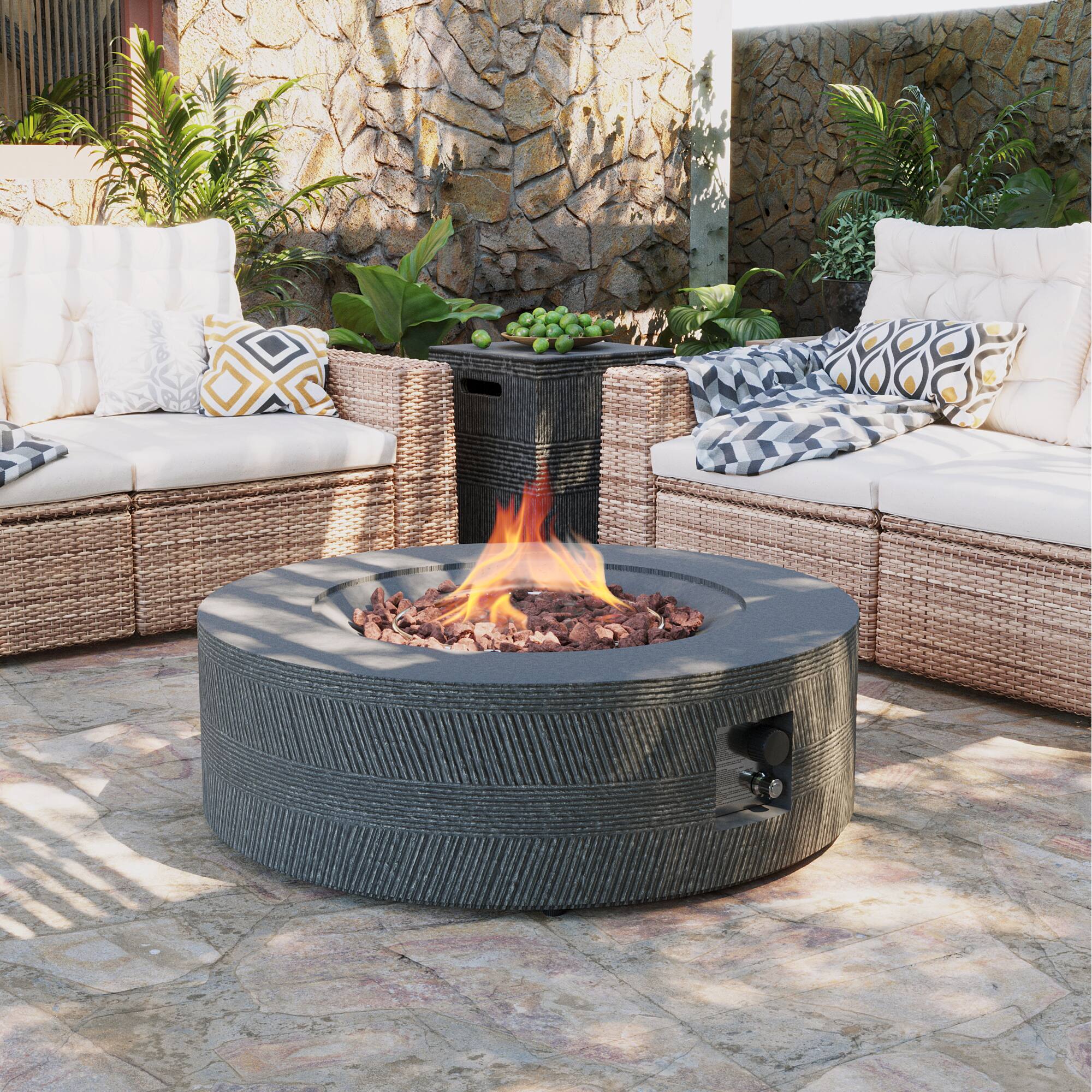 UPHA - 42-inch Outdoor Propane Gas Fire Pit Table 50000 BTU Concrete Round FirePit with Propane Tank Cover - Gray