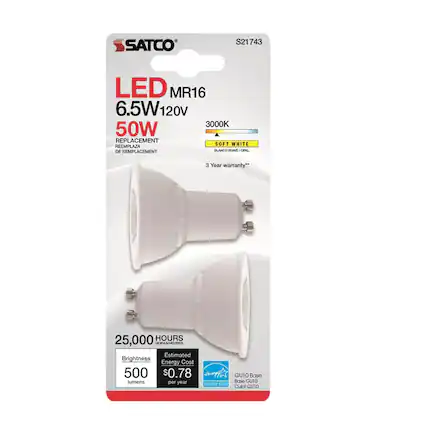 SATCO S21743 LED MR16 6.5W 120V 3000K 50W REPLACEMENT SOFT WHITE REEMPLAZA DE REMPLACEMENT BLANCO SUAVE OPAL 3 Year warranty** 25,000 HOURS HORAS/HEURES Estimated Brightness Energy Cost 500 $0.78 eupy GU10 Base lumens per year Base CU10 INERGY STAR Culot GUI0