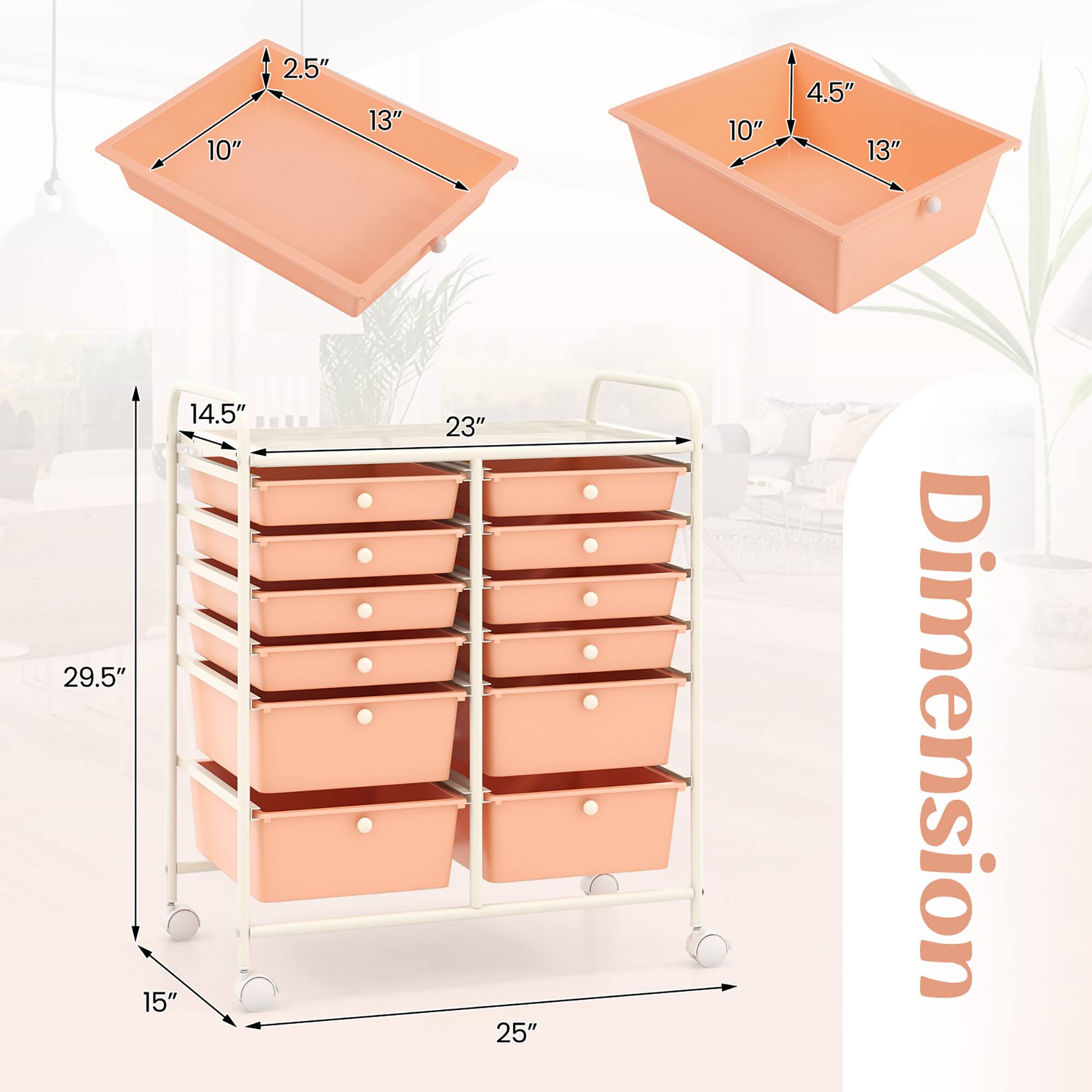 - Top drawer dimensions: 10" x 13" x 2.5"
- Bottom drawer dimensions: 10" x 13" x 4.5"
- Cart dimensions: 25" x 15" x 29.5"
- Drawer height: 14.5"
- Drawer width: 23"