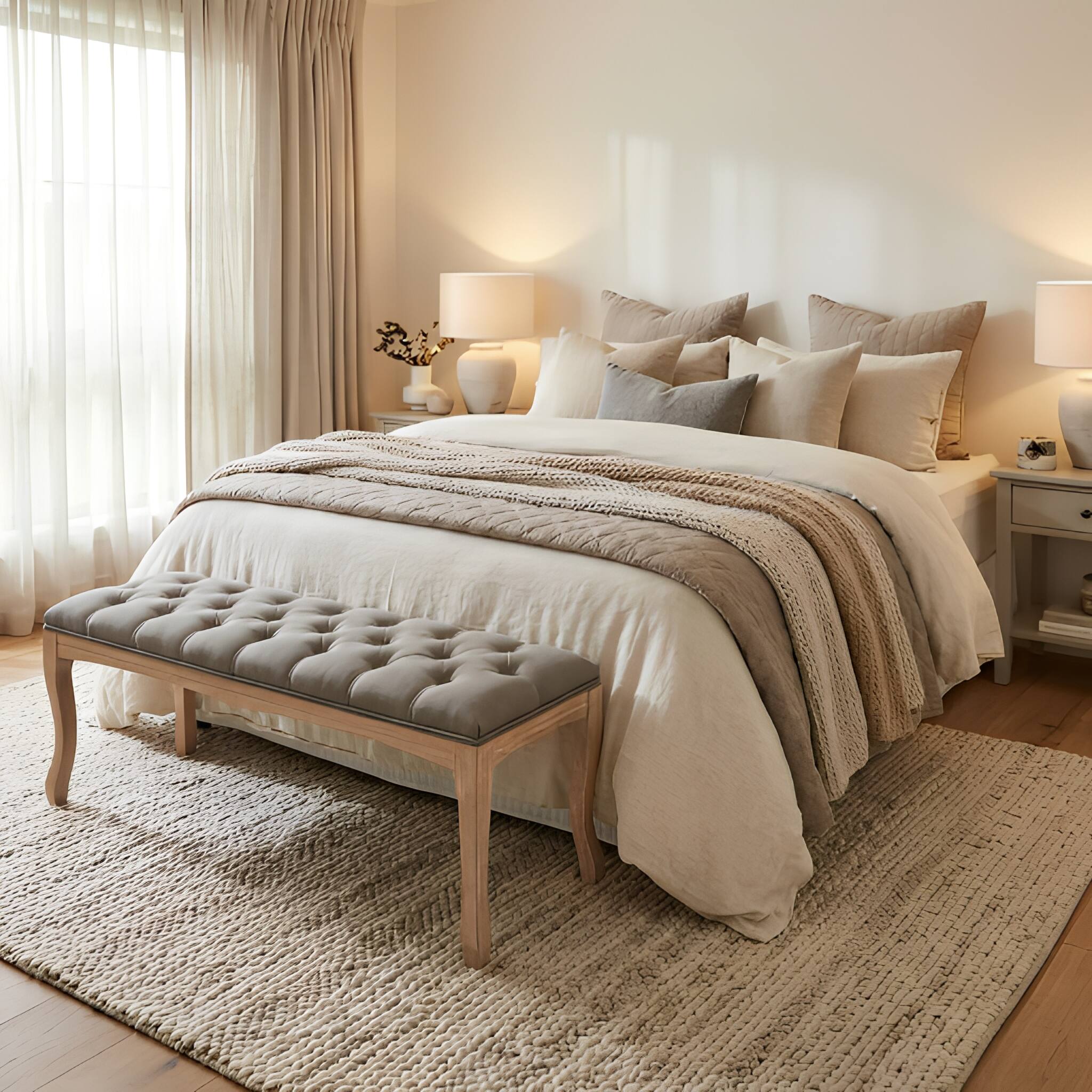 Back. Ropilly - Ropilly Upholstered Bedroom Bench French Vintage Tufted Entryway Bench Grey Linen Ottoman Seat - Grey.