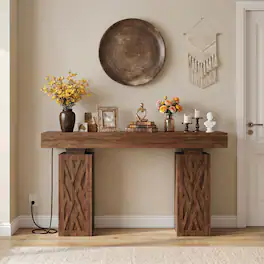 Aheaplus - 47'' Farmhouse Console Table with Charging Station and LED Lights - Cracked Oak