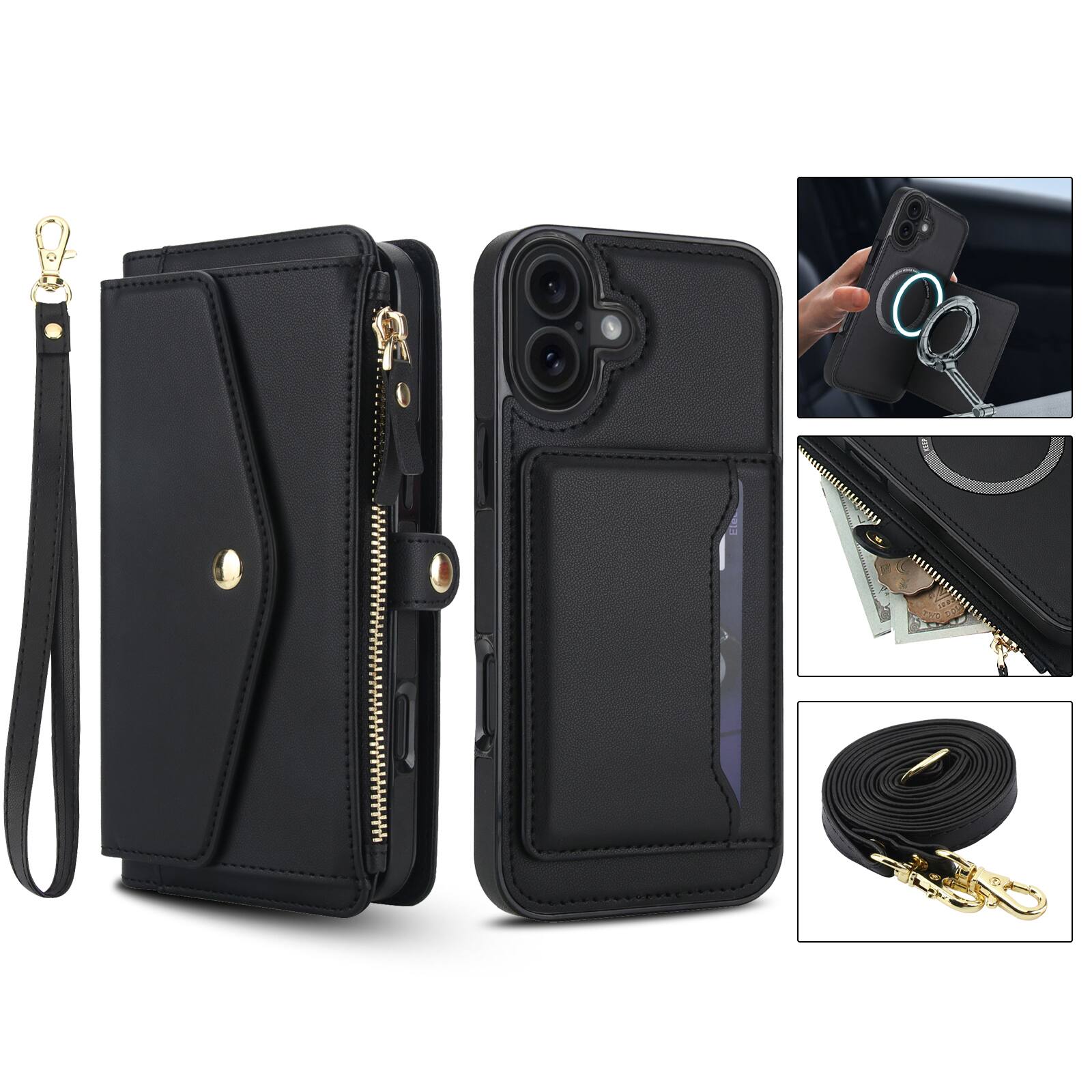 Alt View 2. Dteck - Crossbody RFID Blocking Zipper Wallet Card For iPhone 17 Handbag Magnetic Kickstand Wrist Strap Case - Black.